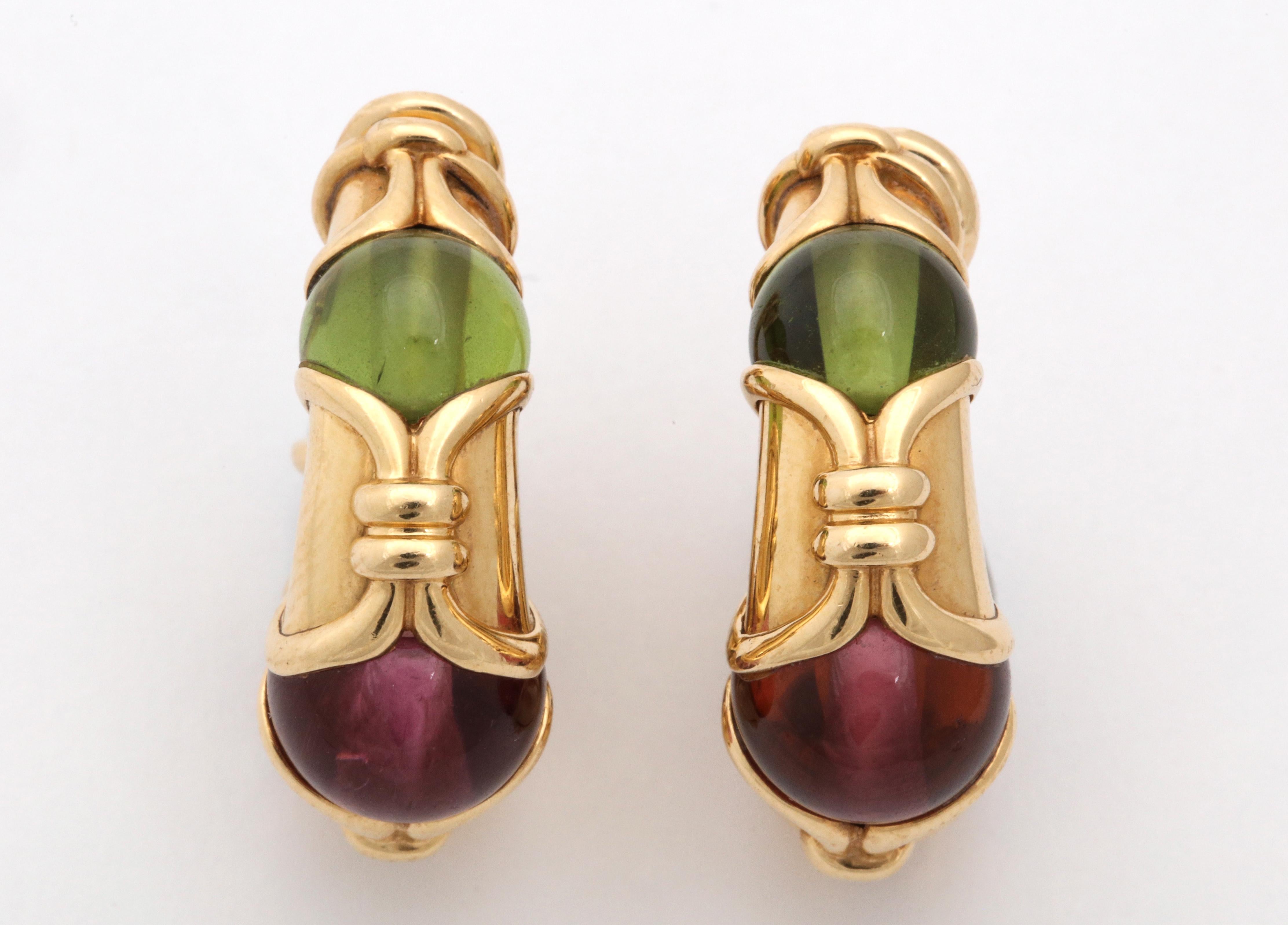 One Pair Of Ladies 18kt High Quality Yellow Gold Half Hoop Earrings Designed With Two Cabochon Pink Tourmalines And Two Cabochon Peridot Stones And With Two Cabochon Citrine Stones. Created By Bulgari In The 1980,s In Italy. Note Posts May Be Added