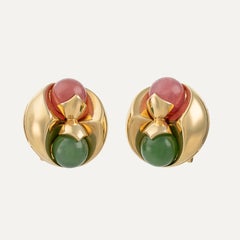 Bulgari 1980s Chrysoprase Rhodochrosite 18 kt Yellow Gold Omega Clip Earrings