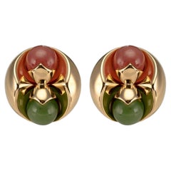 Bulgari 1980s Chrysoprase Rhodochrosite 18 kt Yellow Gold Omega Clip Earrings