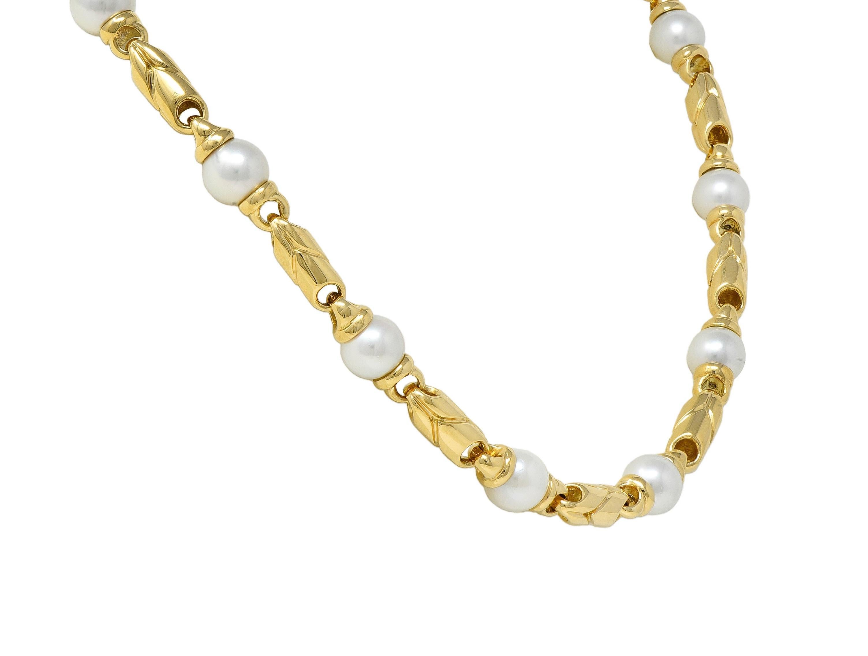 Women's or Men's Bulgari 1980's Cultured Pearl 18K Gold Vintage Passo Doppio Link Necklace For Sale