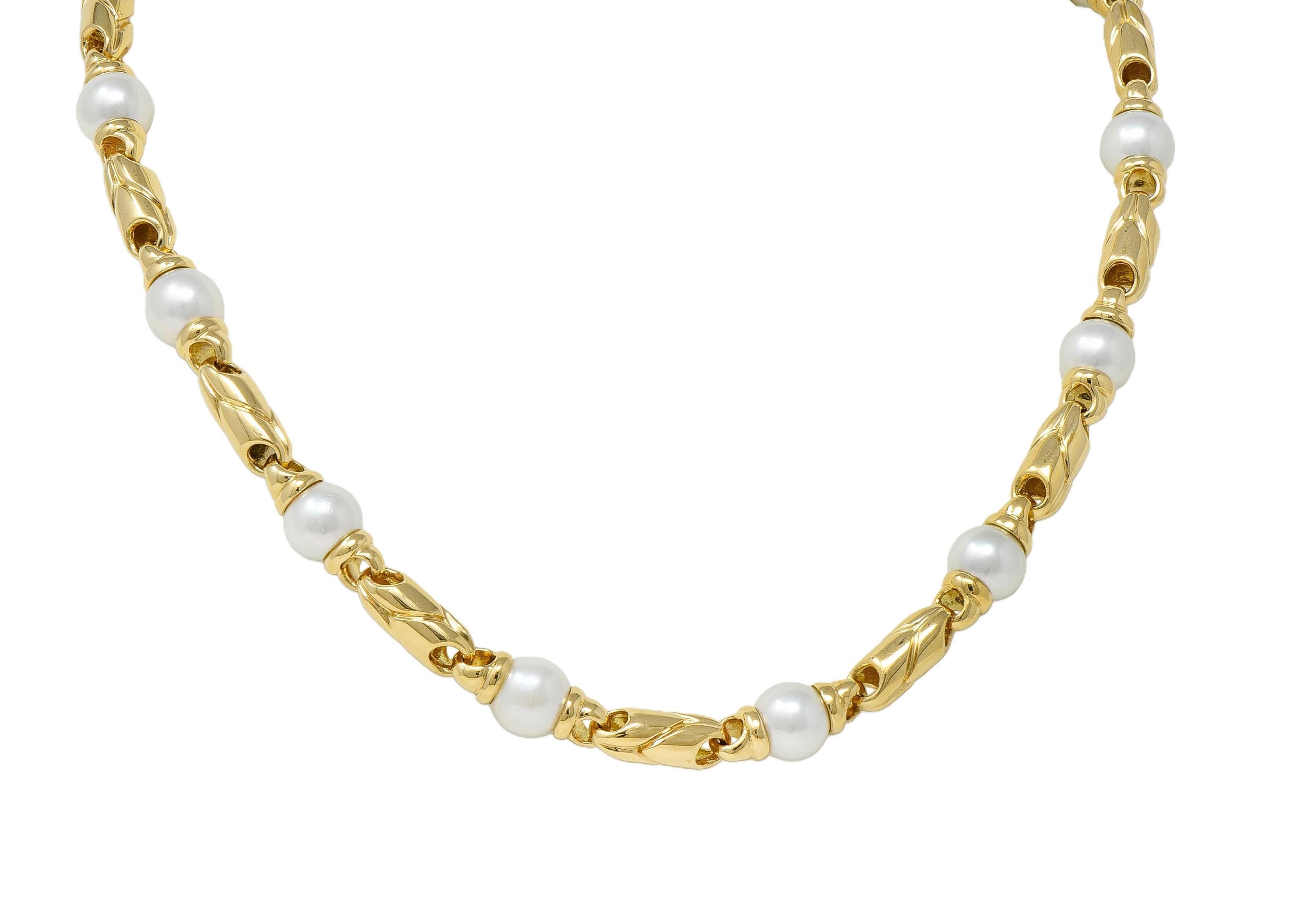 Bulgari 1980's Cultured Pearl 18K Gold Vintage Passo Doppio Link Necklace For Sale 3