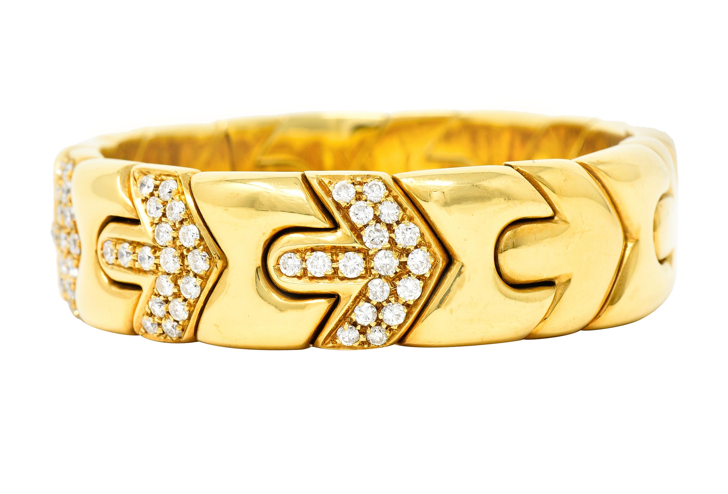 Women's or Men's Bulgari 1980's Diamond 18 Karat Yellow Gold Tubogas Enigma Arrow Cuff Bracelet