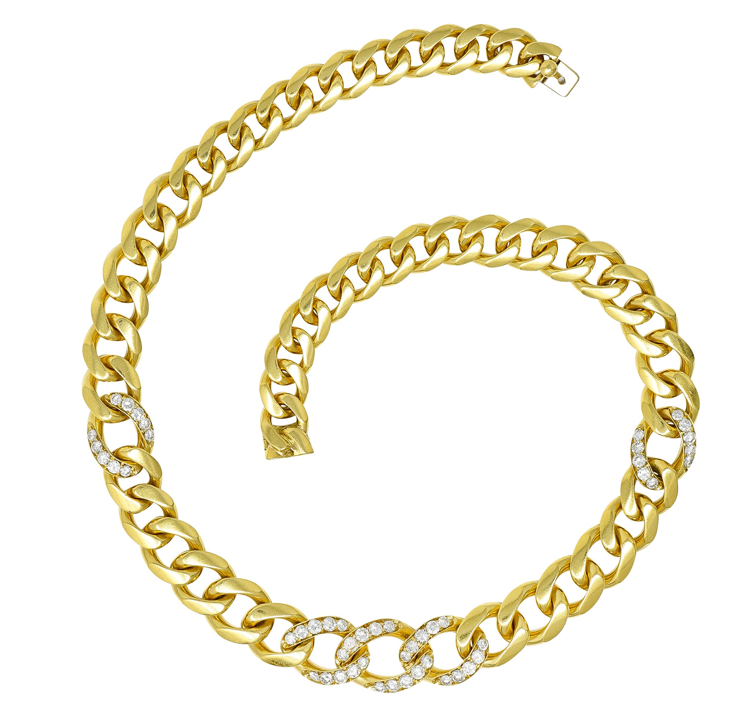 Designed as a graduated curb link chain with bead set diamond link stations 
Round brilliant cut and weighing approximately 3.80 carats
G/H color with VS clarity
Completed by concealed clasp closure 
Stamped for 18 karat gold
Fully signed Bvlgari,