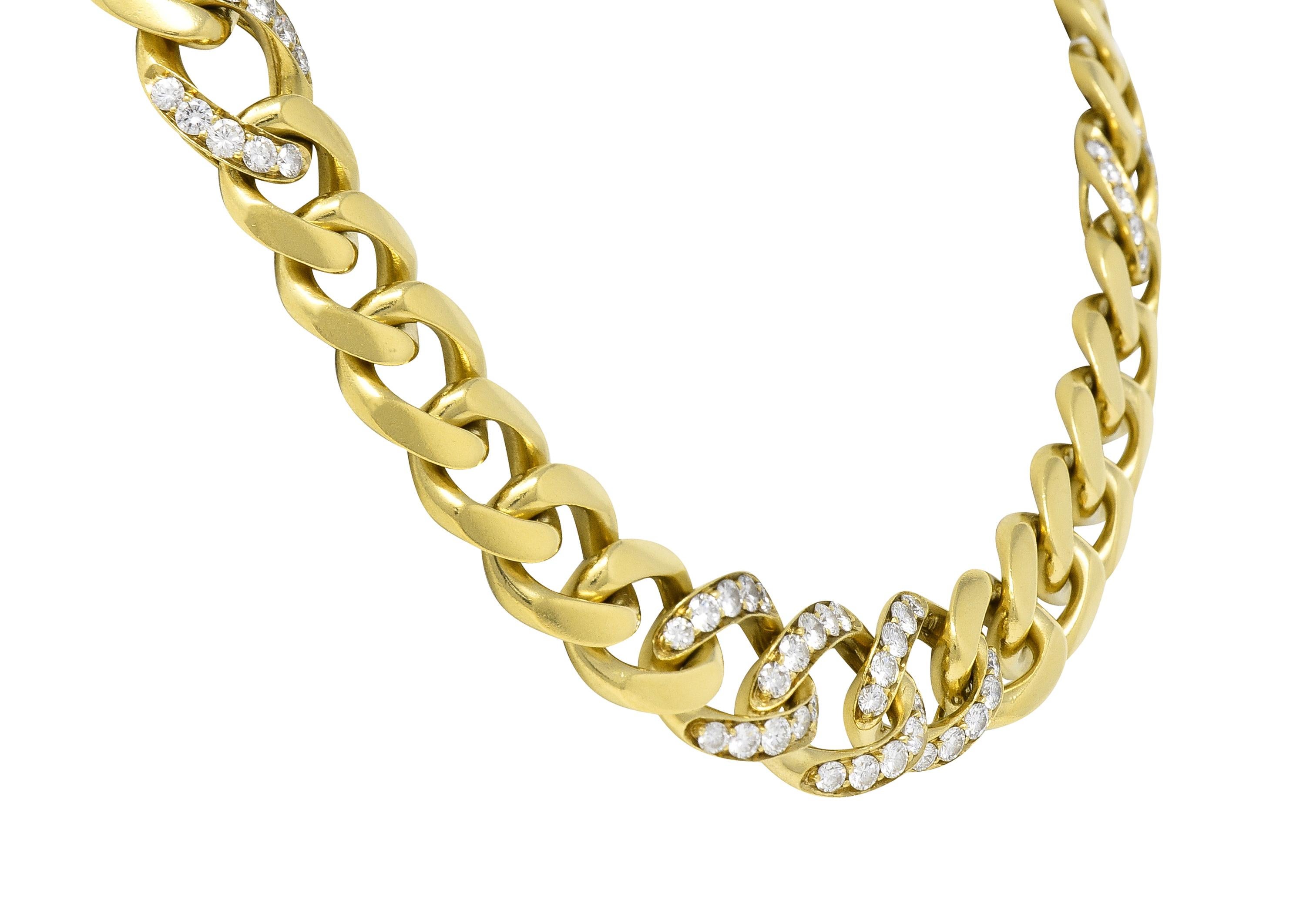 Bulgari 1980's Diamond 18 Karat Yellow Gold Vintage Curb Link Chain Necklace For Sale 1