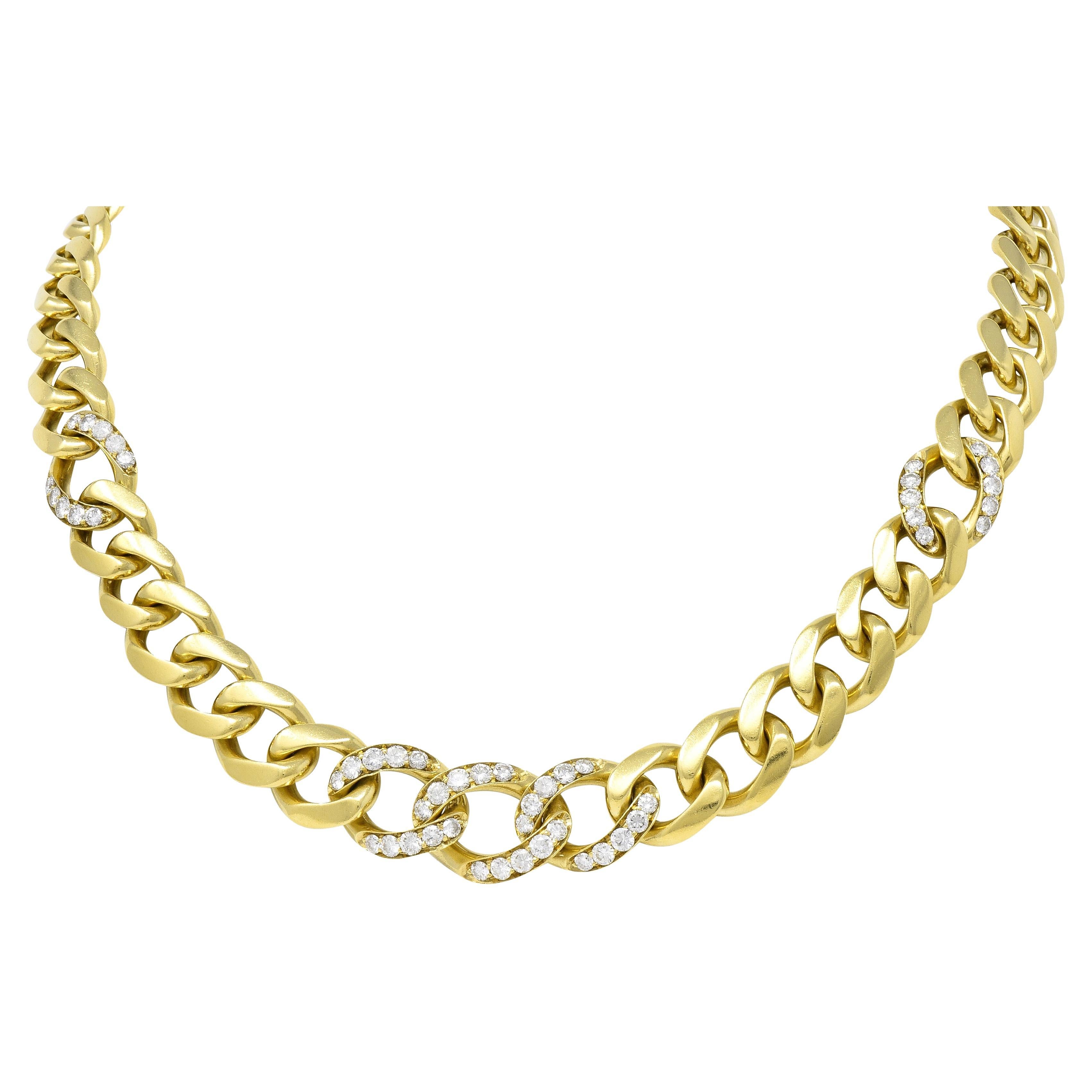 Bulgari 1980's Diamond 18 Karat Yellow Gold Vintage Curb Link Chain Necklace For Sale