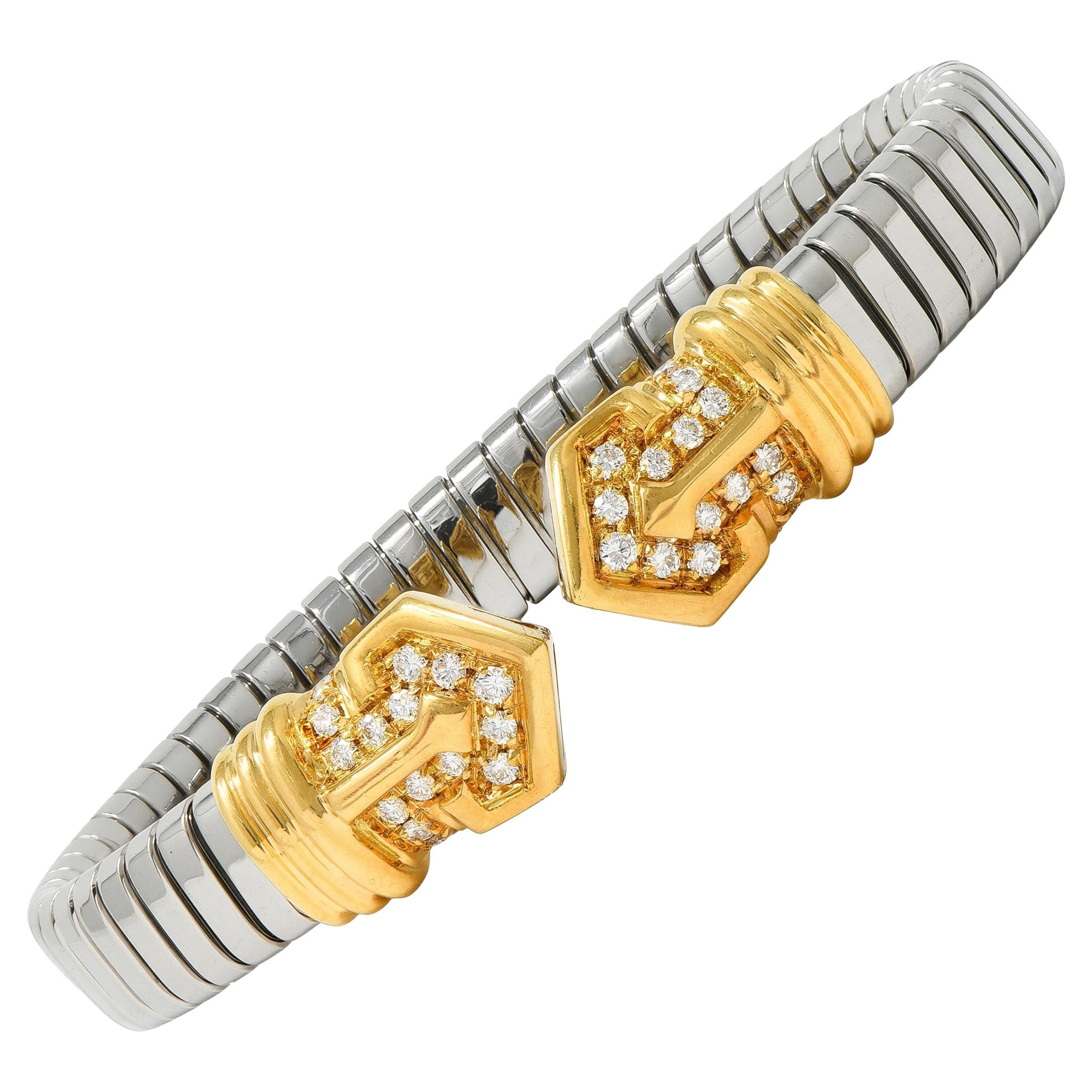 Bracciale Alveare Tubogas Vintage Bulgari 1980 con diamanti in oro 18 carati e acciaio