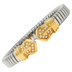 Bulgari 1980er Jahre Diamant 18K Gold Stahl Vintage Alveare Tubogas Manschette Armband
