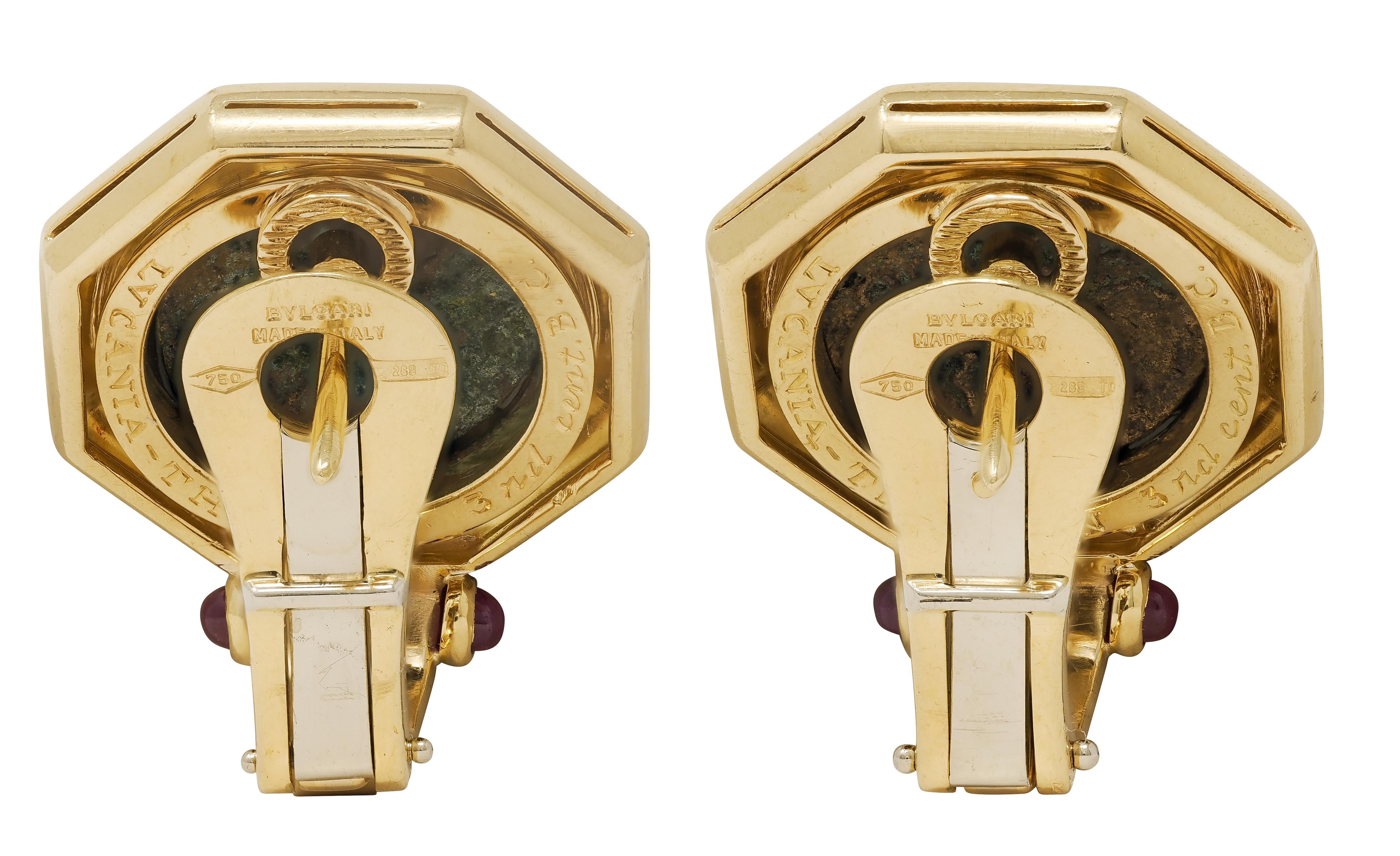 Bulgari 1980's Diamant Rubin Antike Münze 18K Gold Vintage Monet Ohrringe (Cabochon) im Angebot