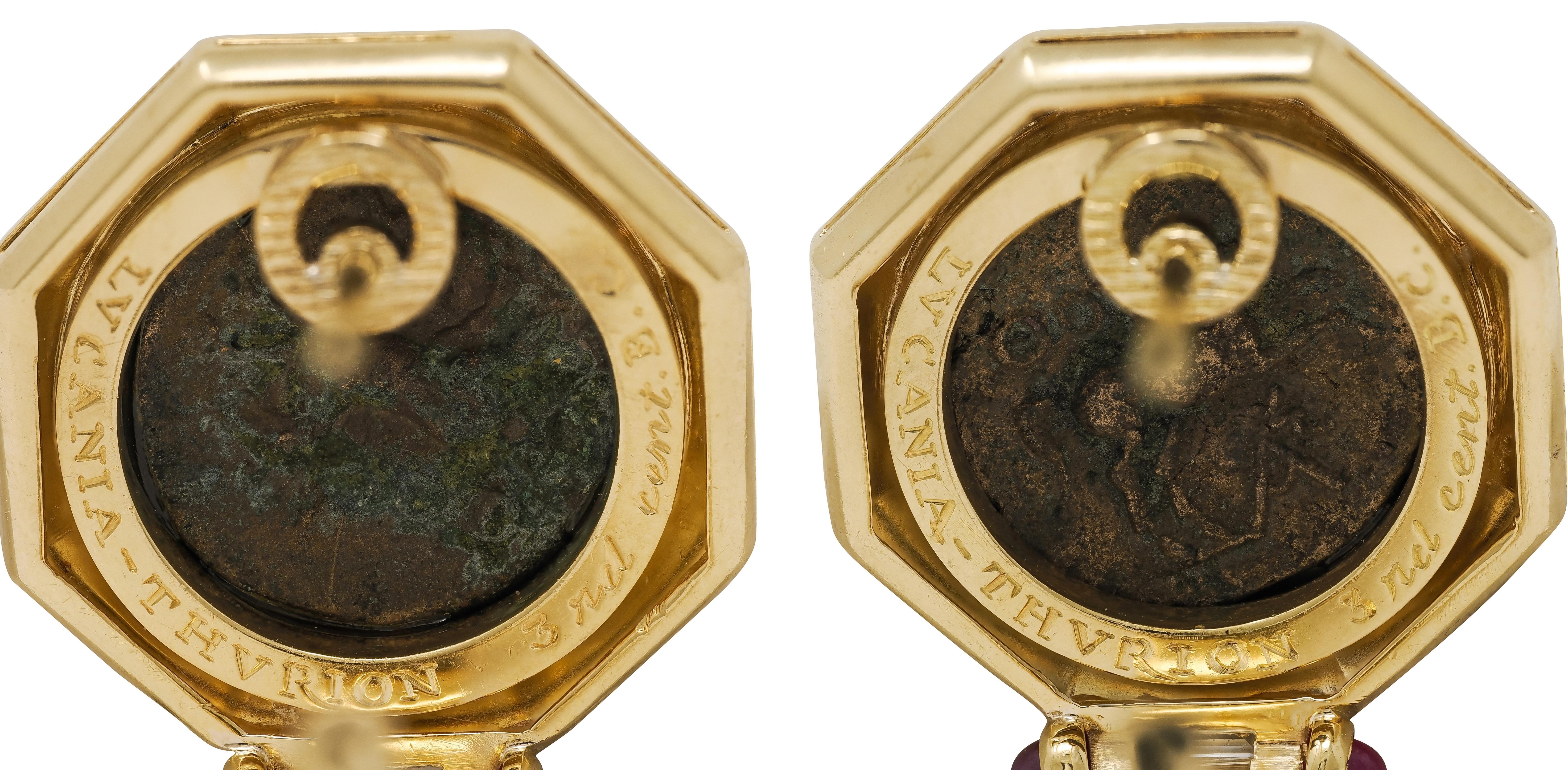 Bulgari 1980's Diamant Rubin Antike Münze 18K Gold Vintage Monet Ohrringe im Angebot 2