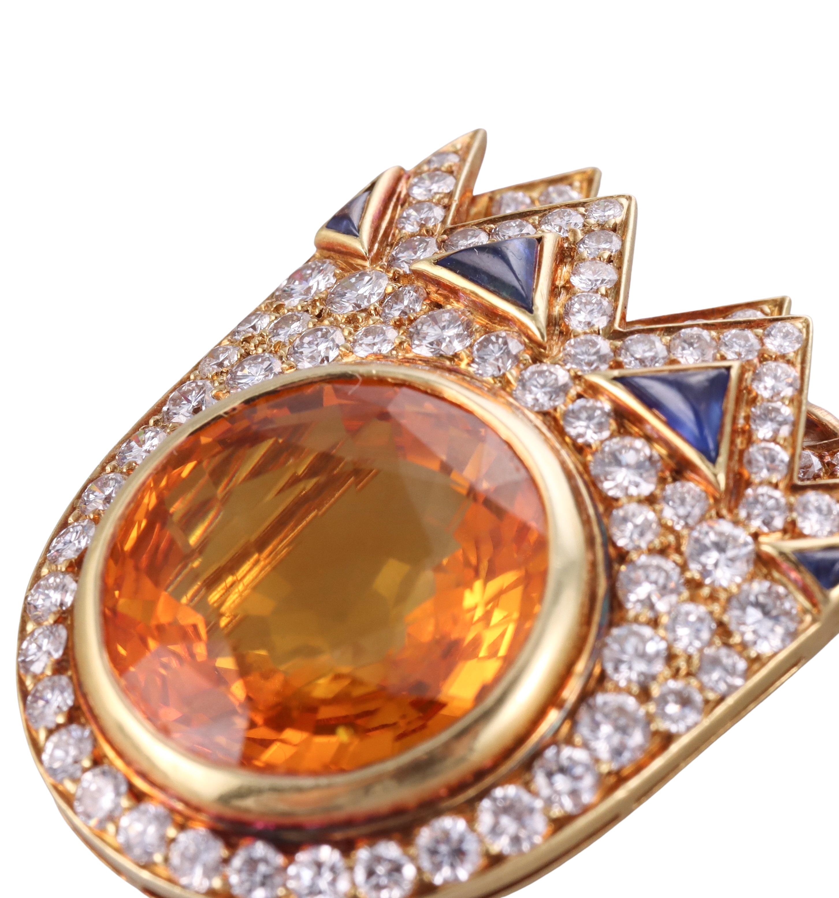 Bulgari 1980s Diamond Sapphire 8ct Citrine Gold Brooch In Excellent Condition For Sale In New York, NY