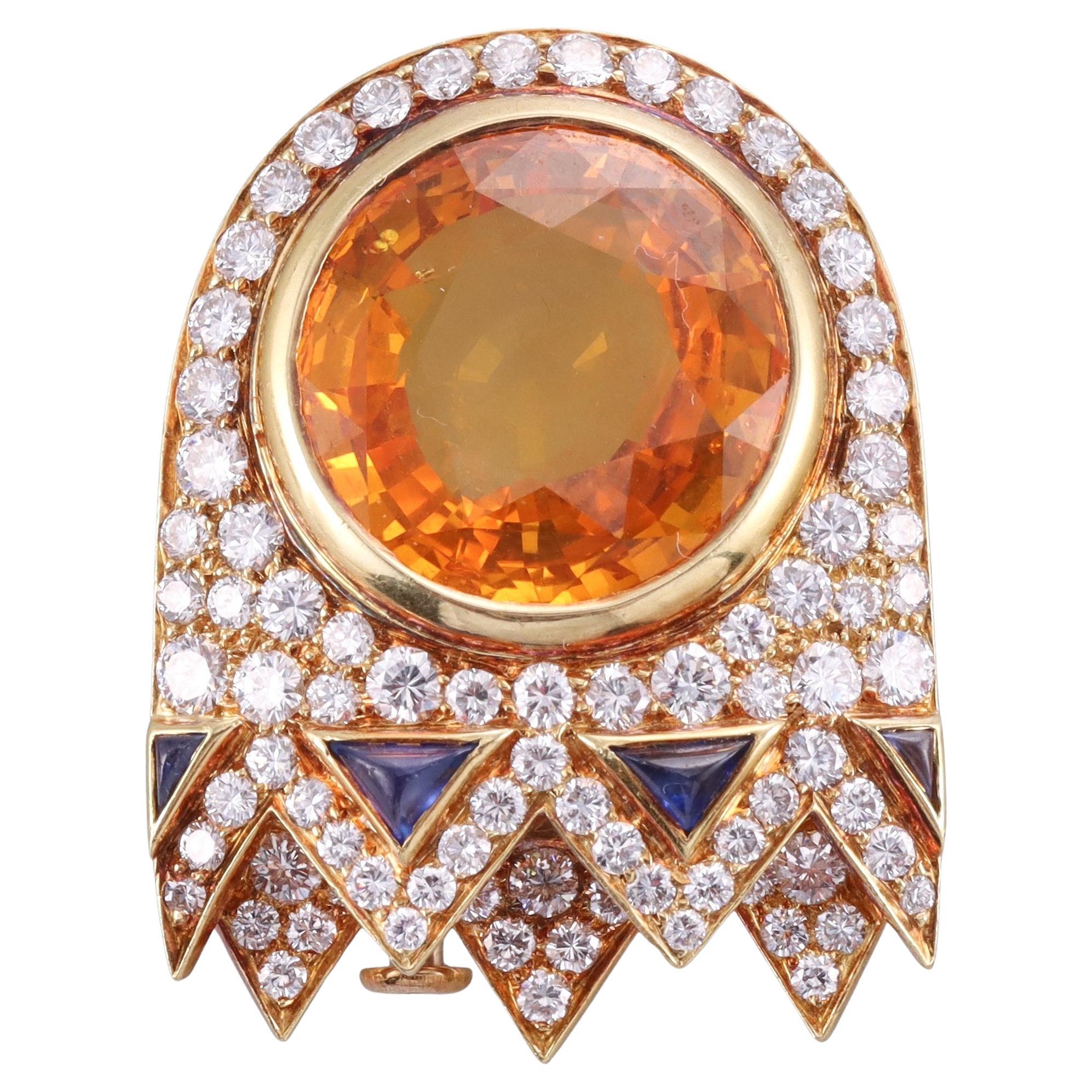 Bulgari 1980s Diamond Sapphire 8ct Citrine Gold Brooch For Sale