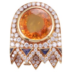 Retro Bulgari 1980s Diamond Sapphire 8ct Citrine Gold Brooch