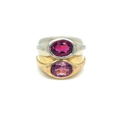 Bulgari 1980s Double Band Ring two color Gold with Rubellite and Tourmaline