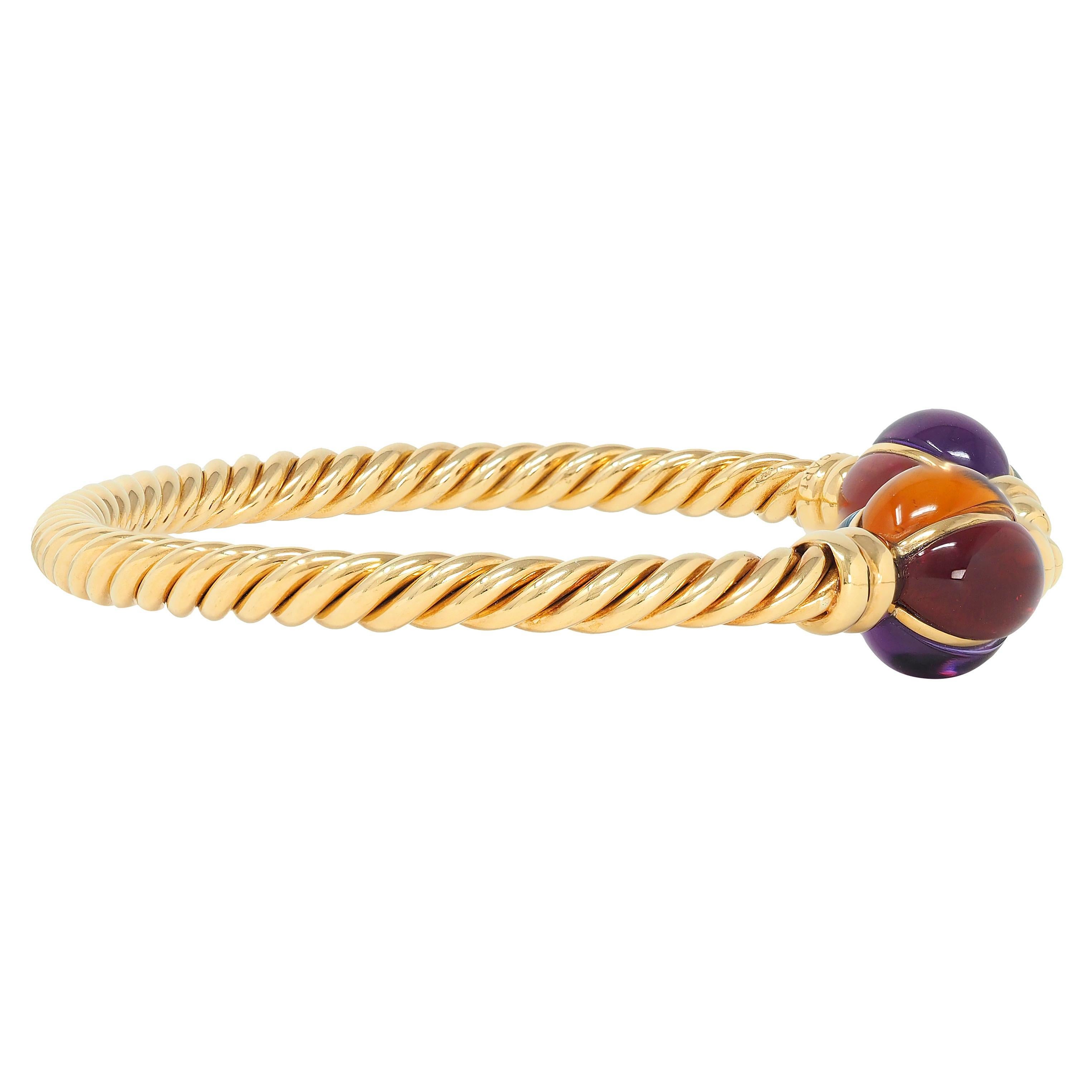 Moderne Bracelet manchette en or jaune 18 carats Bulgari des années 1980 avec plusieurs pierres précieuses et cordes torsadées en vente