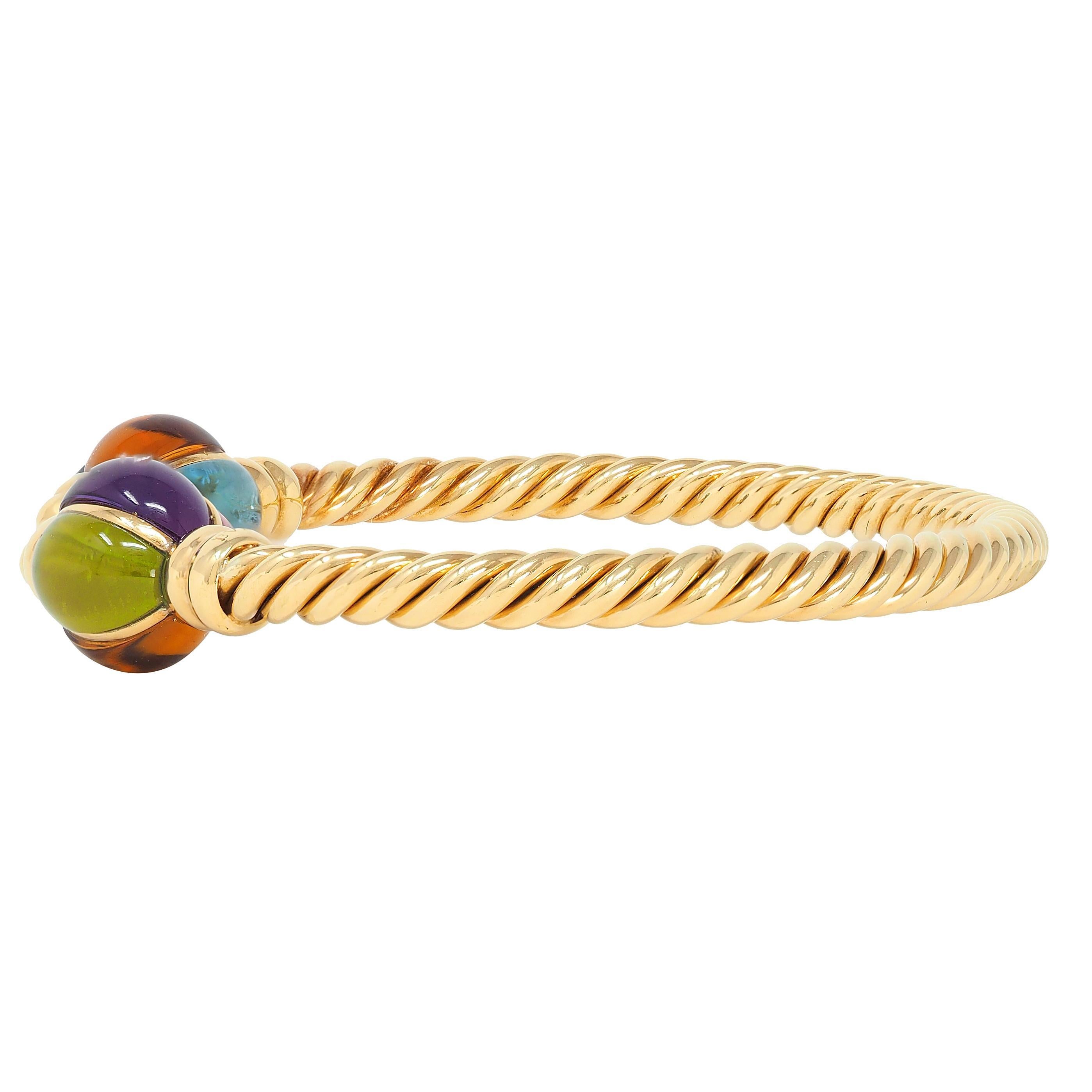 Bracelet manchette en or jaune 18 carats Bulgari des années 1980 avec plusieurs pierres précieuses et cordes torsadées Excellent état - En vente à Philadelphia, PA