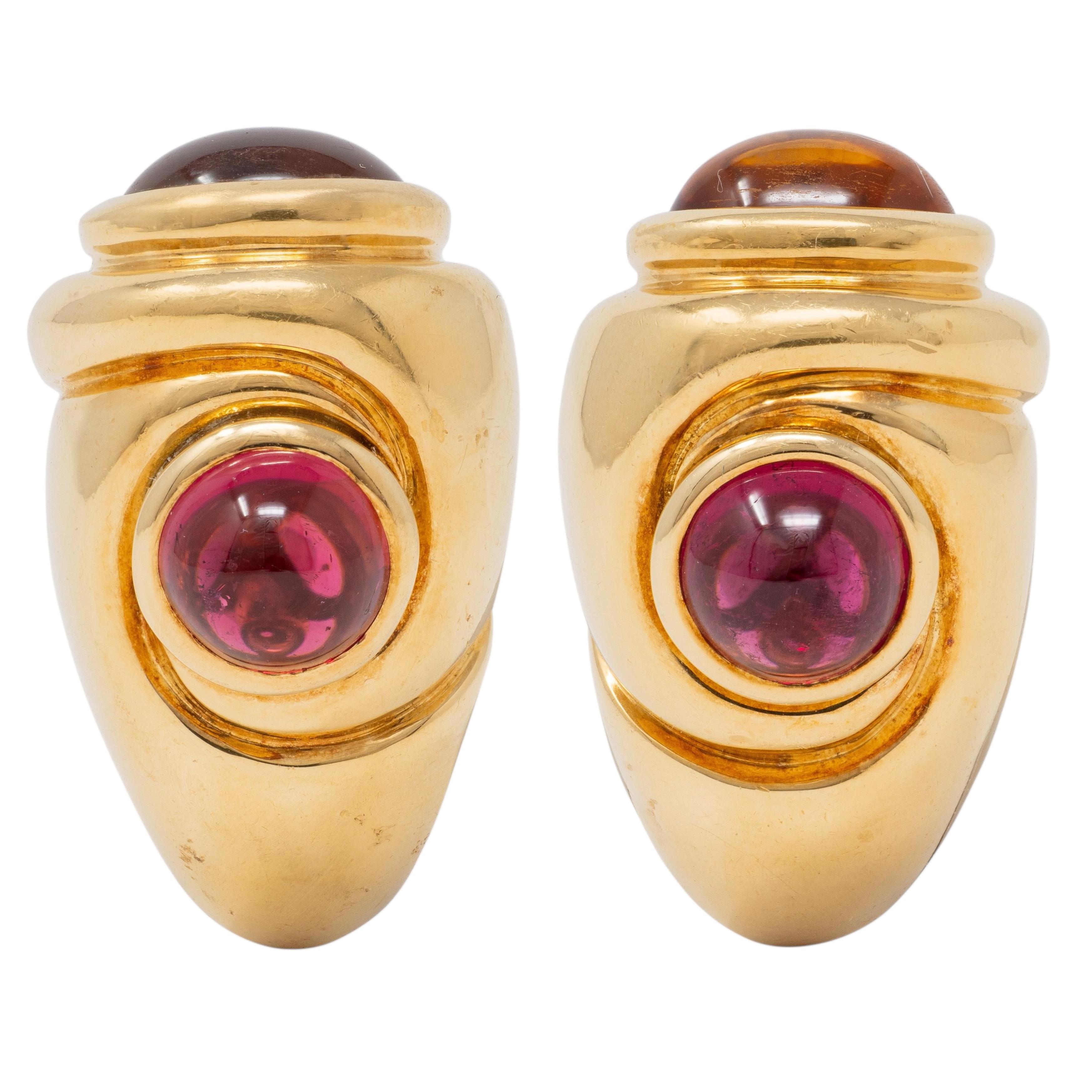 Bulgari 1980's Multi-Gem 18K Gold Vintage Passo Doppio J-Hoop Ear-Clip Earrings