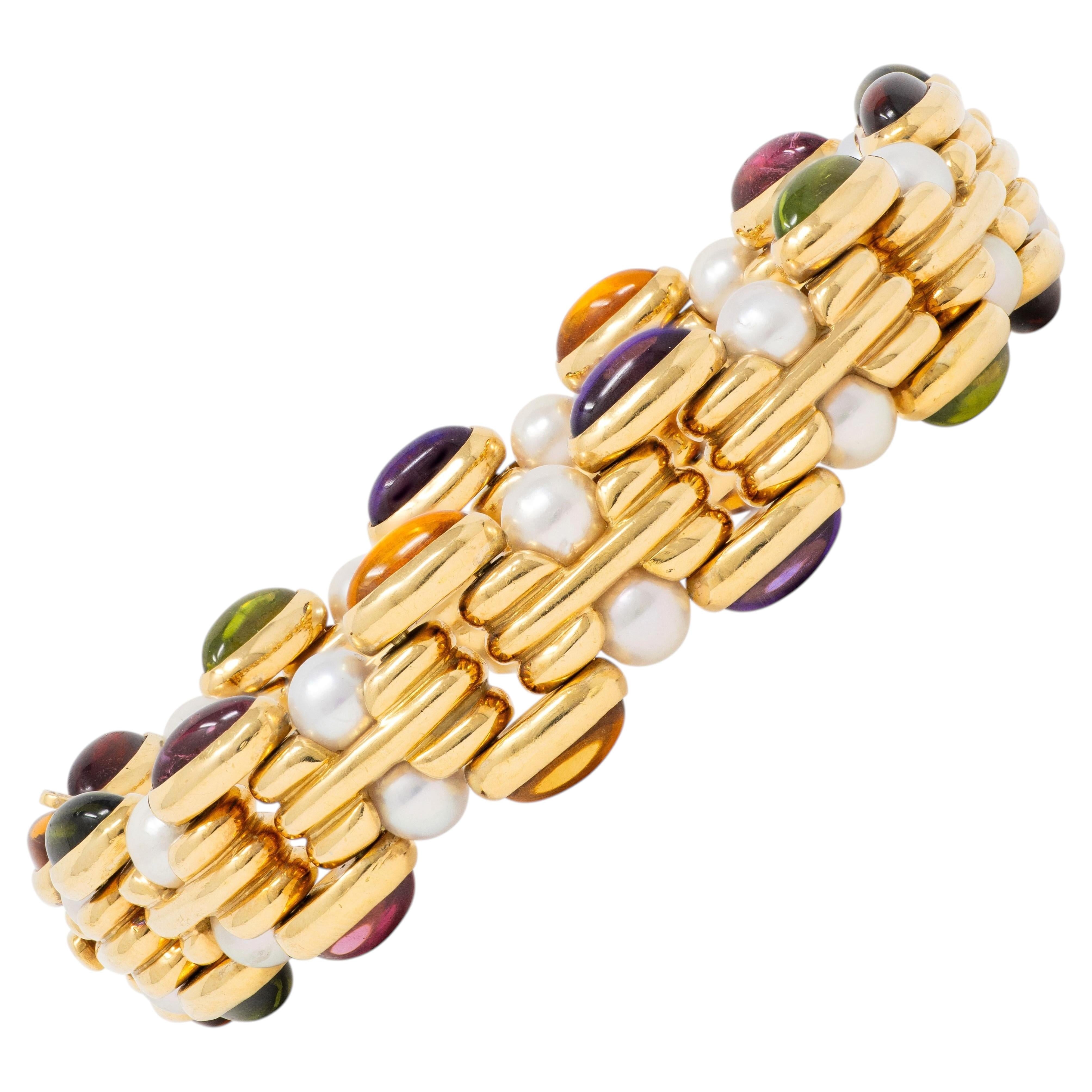 Pulsera vintage de Bulgari de los años 80, con eslabones, de oro amarillo de 18 quilates, con citrino, perlas y varias gemas