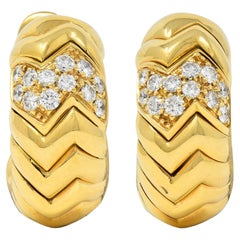 Bulgari 1980's Pavé Diamond 18 Karat Gold Vintage Spiga J-Hoop Ear-Clip Earrings