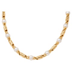 Bulgari 1980's Pearl 18 Karat Yellow Gold Vintage Passo Doppio Station Necklace