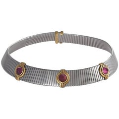 Bulgari 1980s Rubellite Tourmaline Gold and Steel Tubogas Necklace