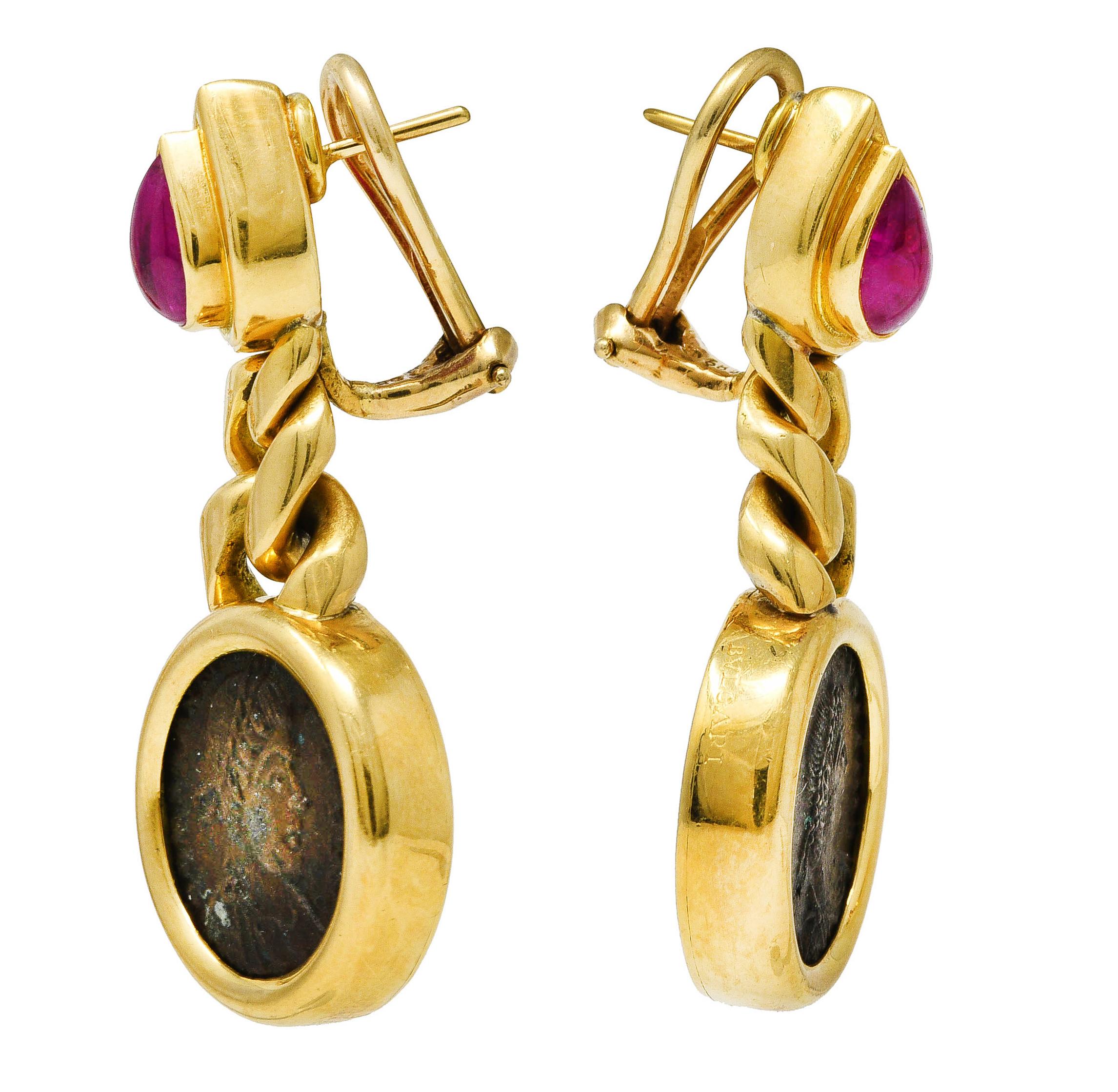 Bulgari 1980's Ruby Ancient Coin 18 Karat Gold Monete Drop Vintage Earrings In Excellent Condition In Philadelphia, PA