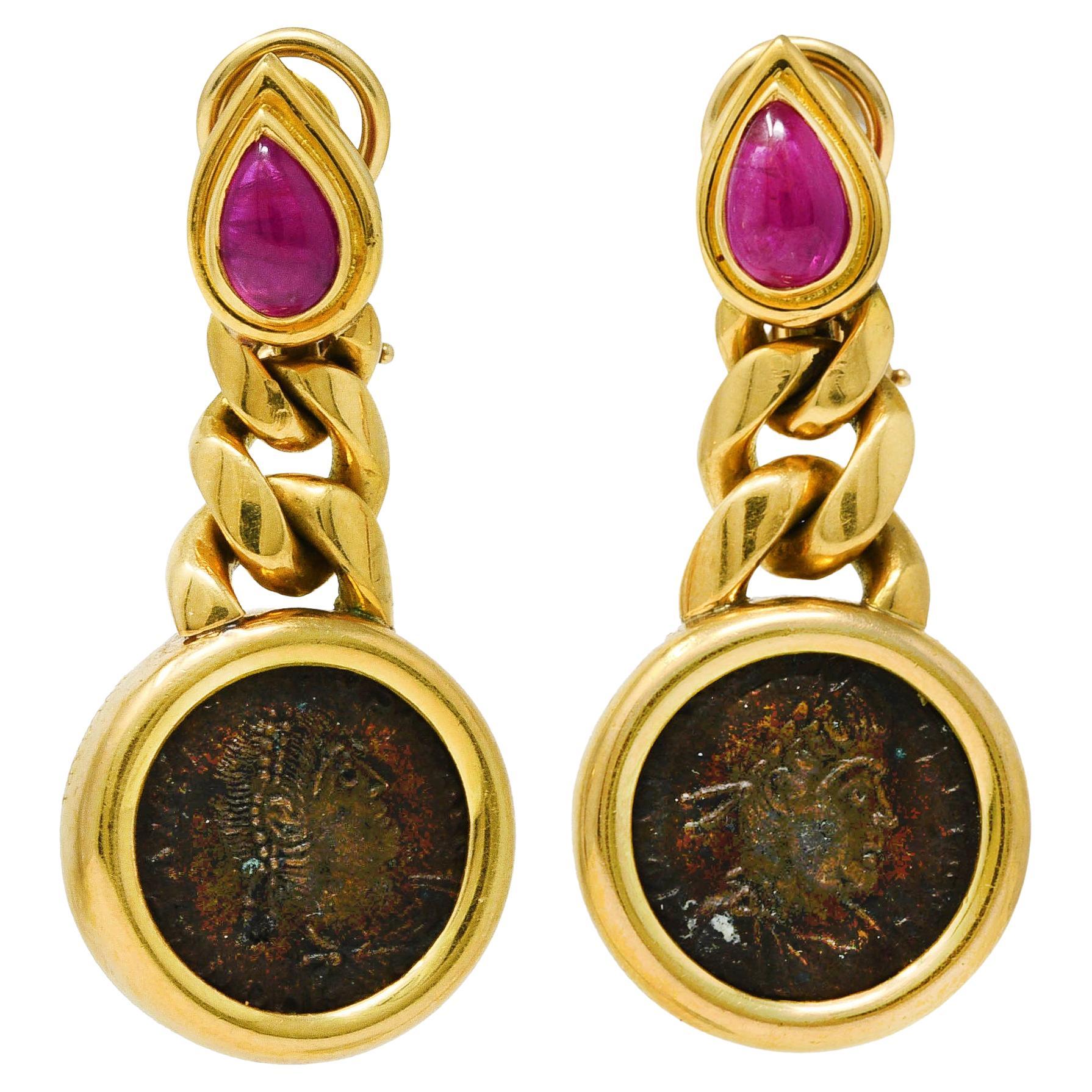 Bulgari 1980's Ruby Ancient Coin 18 Karat Gold Monete Drop Vintage Earrings