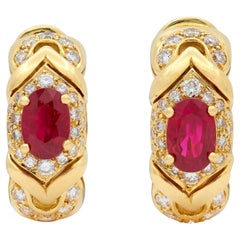 Bulgari 1980's Ruby Diamond 18K Gold Vintage Trika J-Hoop Ear-Clip Earrings