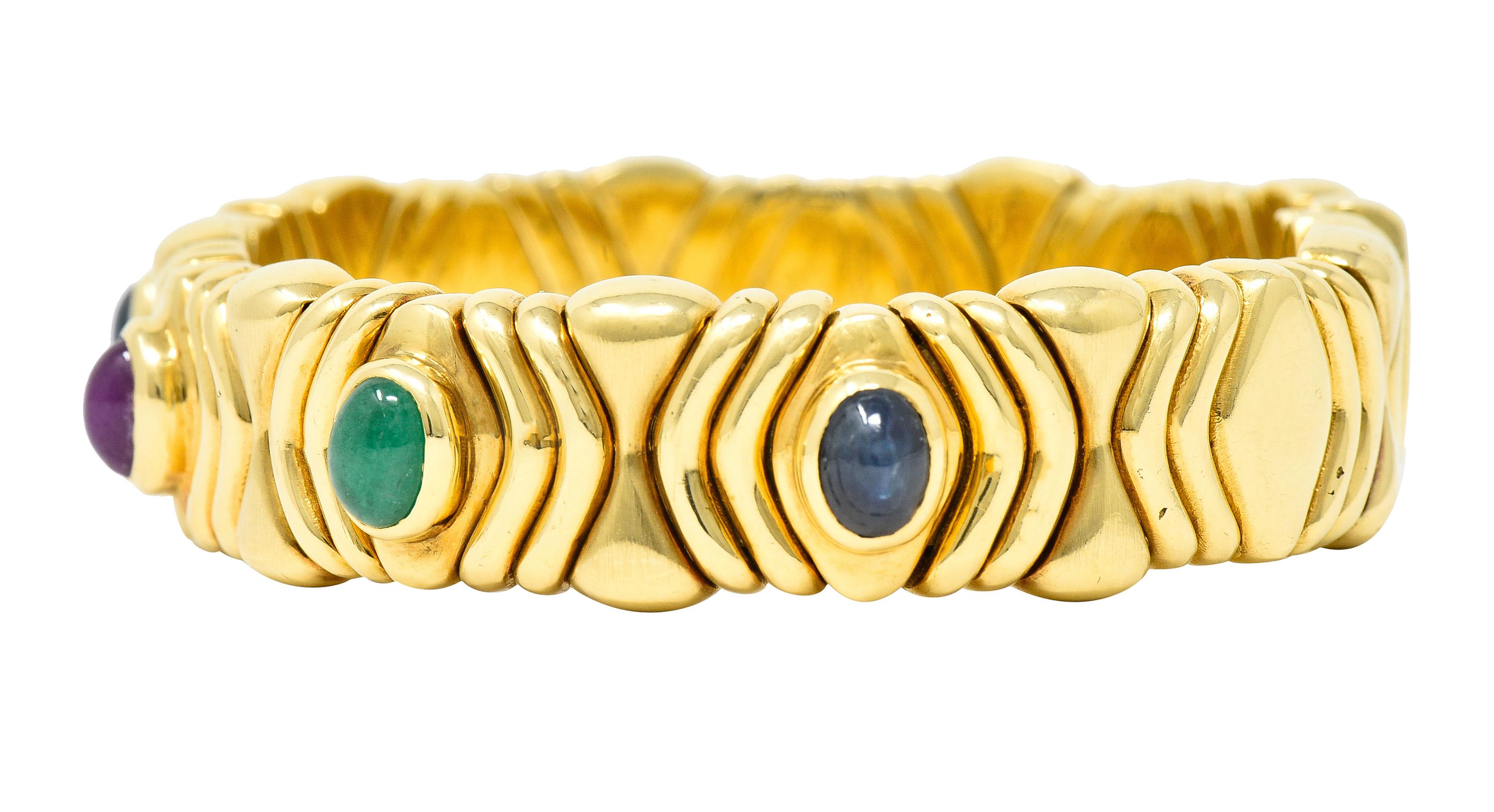 Women's or Men's Bulgari 1980's Ruby Sapphire Emerald 18 Karat Gold Tubogas Parentesi Bracelet