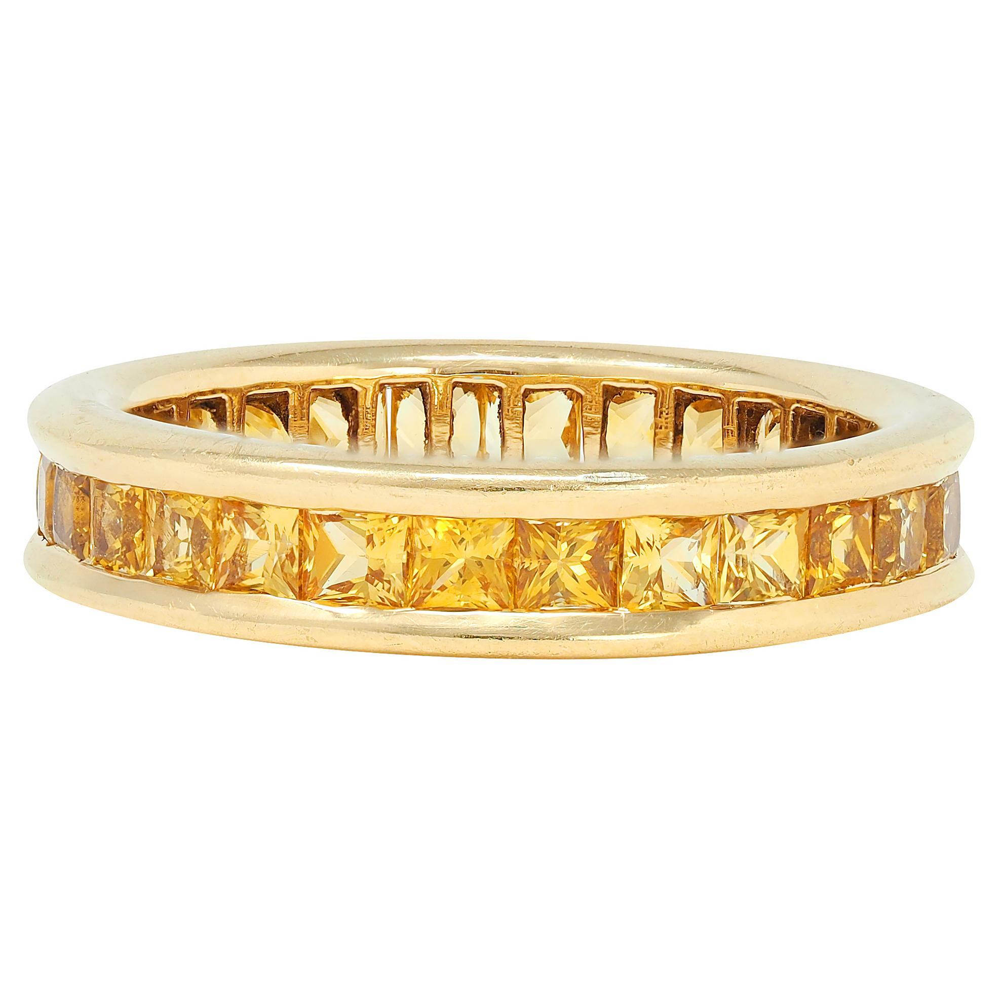 Bulgari 1980's Zafiro Amarillo Oro Amarillo 18K Anillo Eternidad Vintage Corte princesa en venta