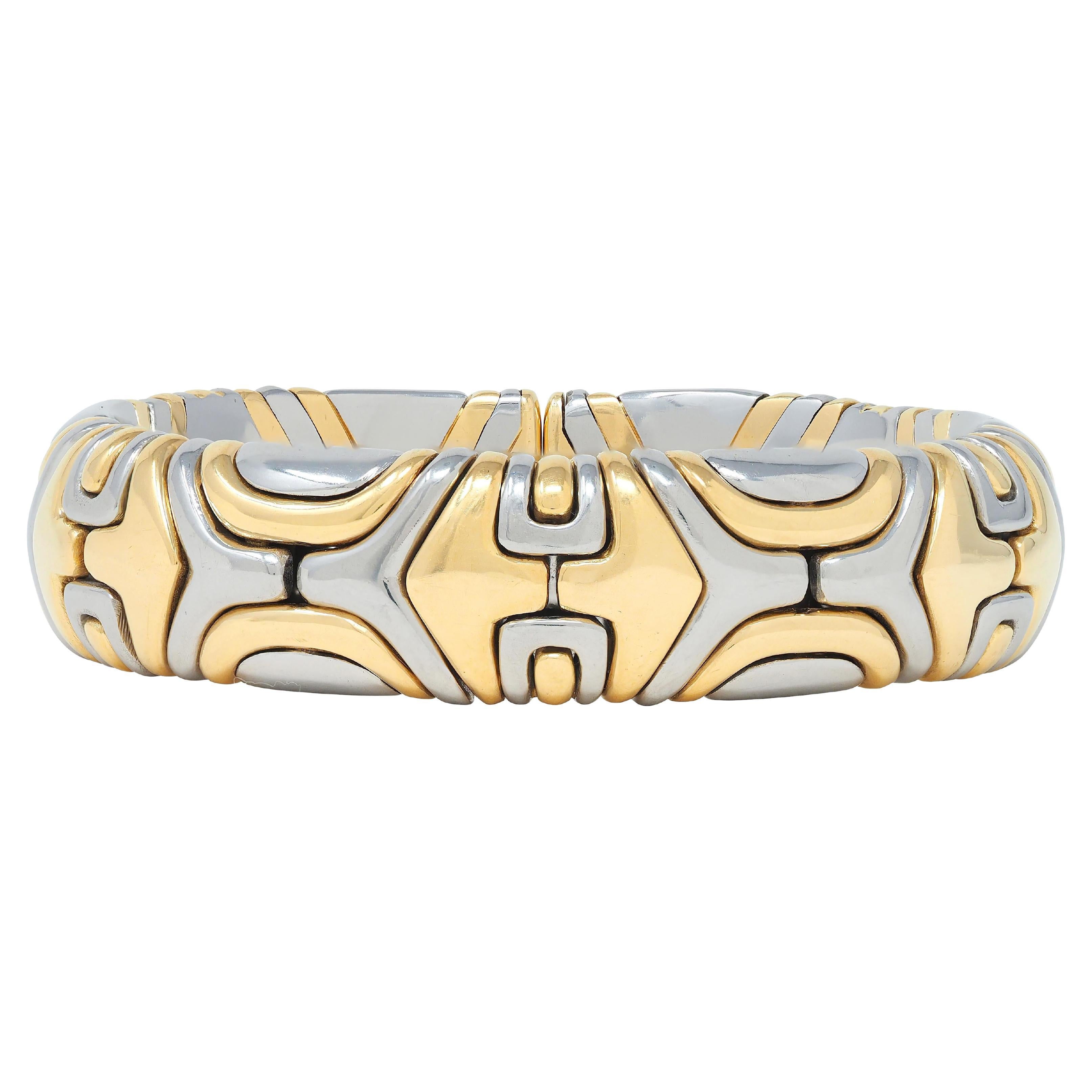 Bulgari 1988 18 Karat Gold Stainless Steel Alveare Vintage Cuff Bracelet