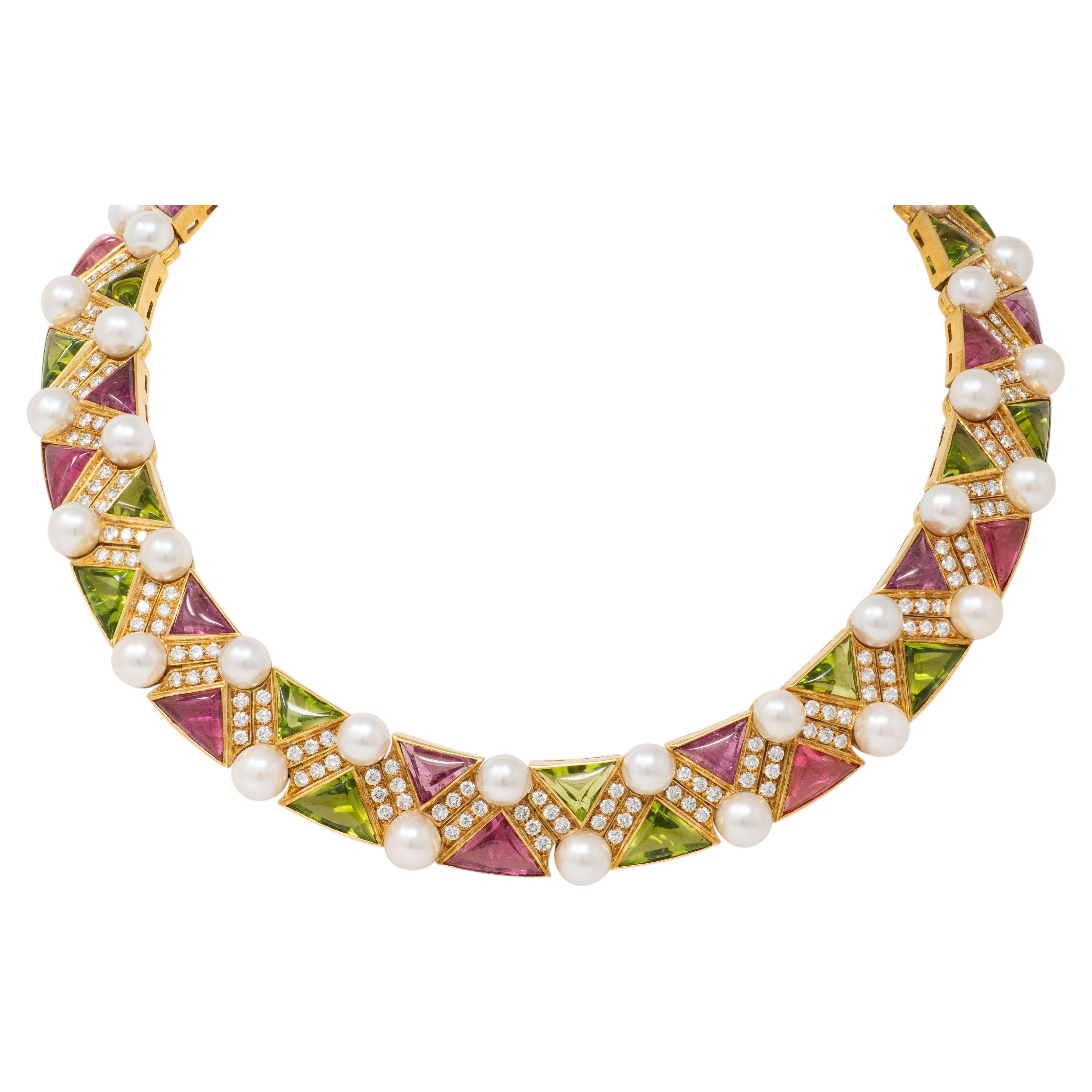 Bulgari 1989 Diamond Pearl Multi-Gem 18K Gold Vintage Geometric Collar Necklace For Sale