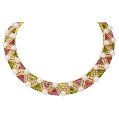 Bulgari 1989 Diamond Pearl Multi-Gem 18K Gold Vintage Geometric Collar Necklace