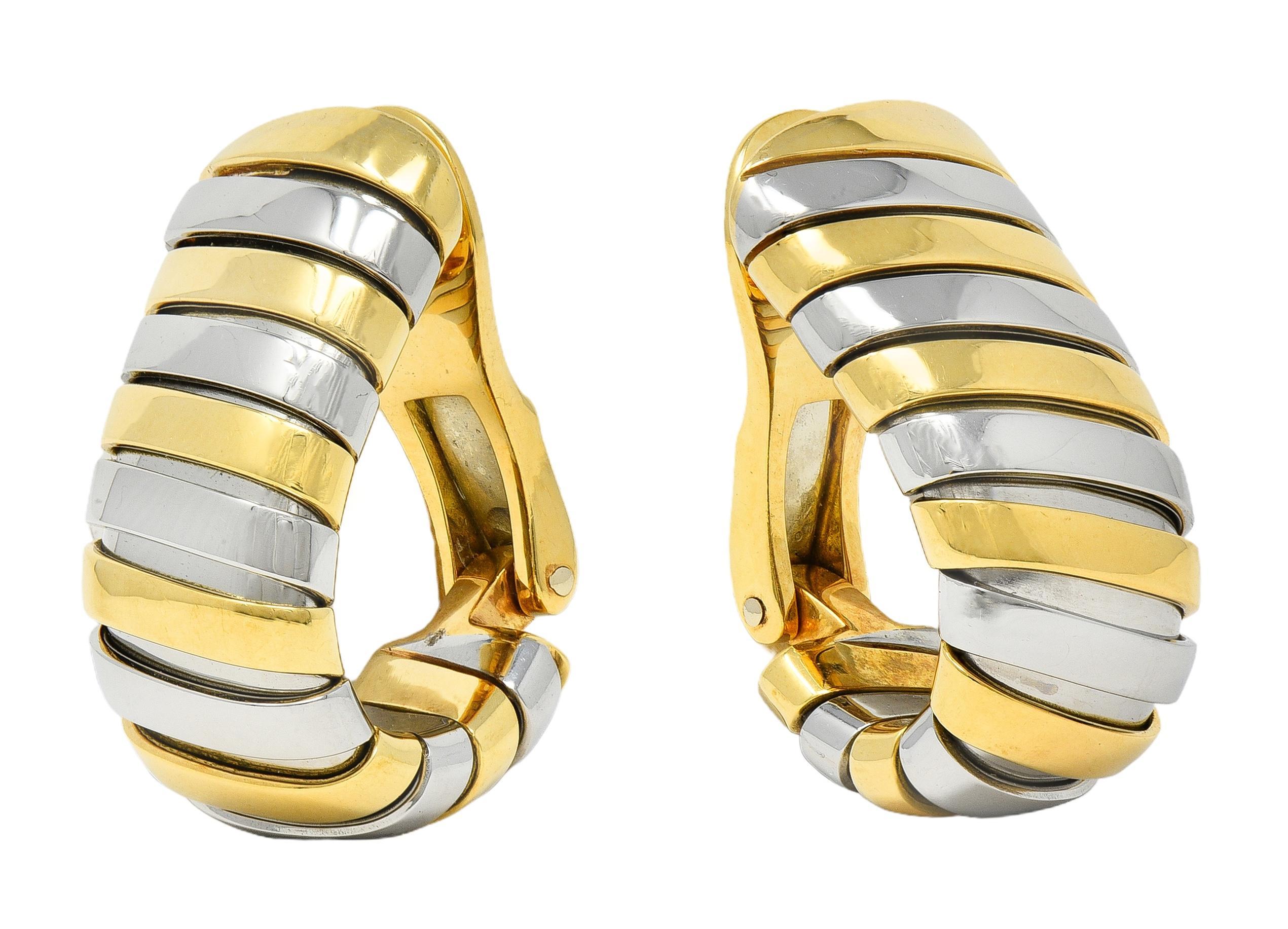 Modern Bulgari 1990 Stainless Steel 18K Gold Vintage Serpenti J-Hoop Ear-Clip Earrings For Sale