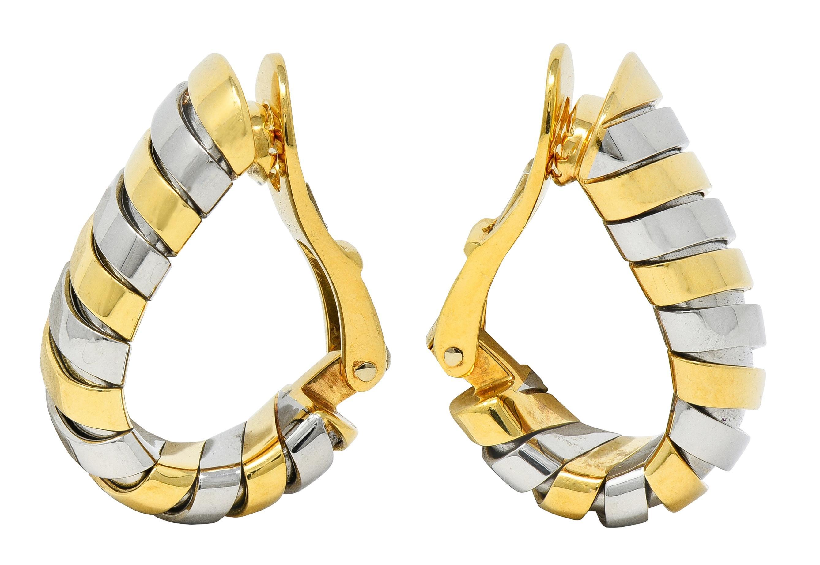 Bulgari 1990 Stainless Steel 18K Gold Vintage Serpenti J-Hoop Ear-Clip Earrings In Excellent Condition For Sale In Philadelphia, PA