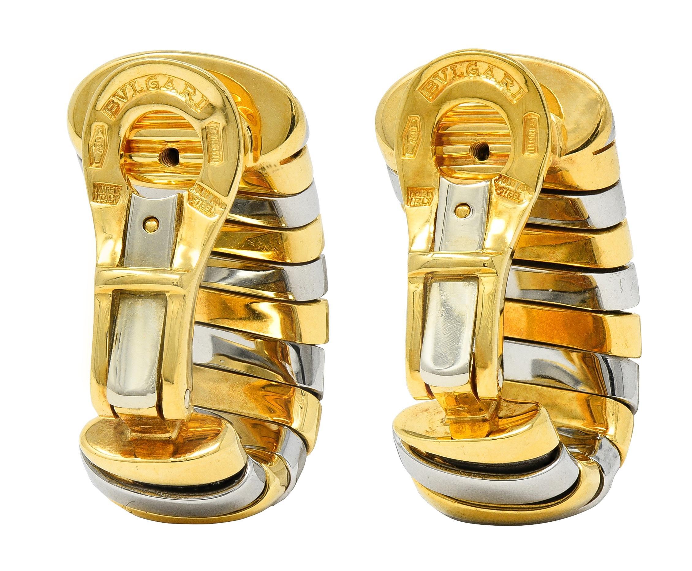 Women's Bulgari 1990 Stainless Steel 18K Gold Vintage Serpenti J-Hoop Ear-Clip Earrings For Sale