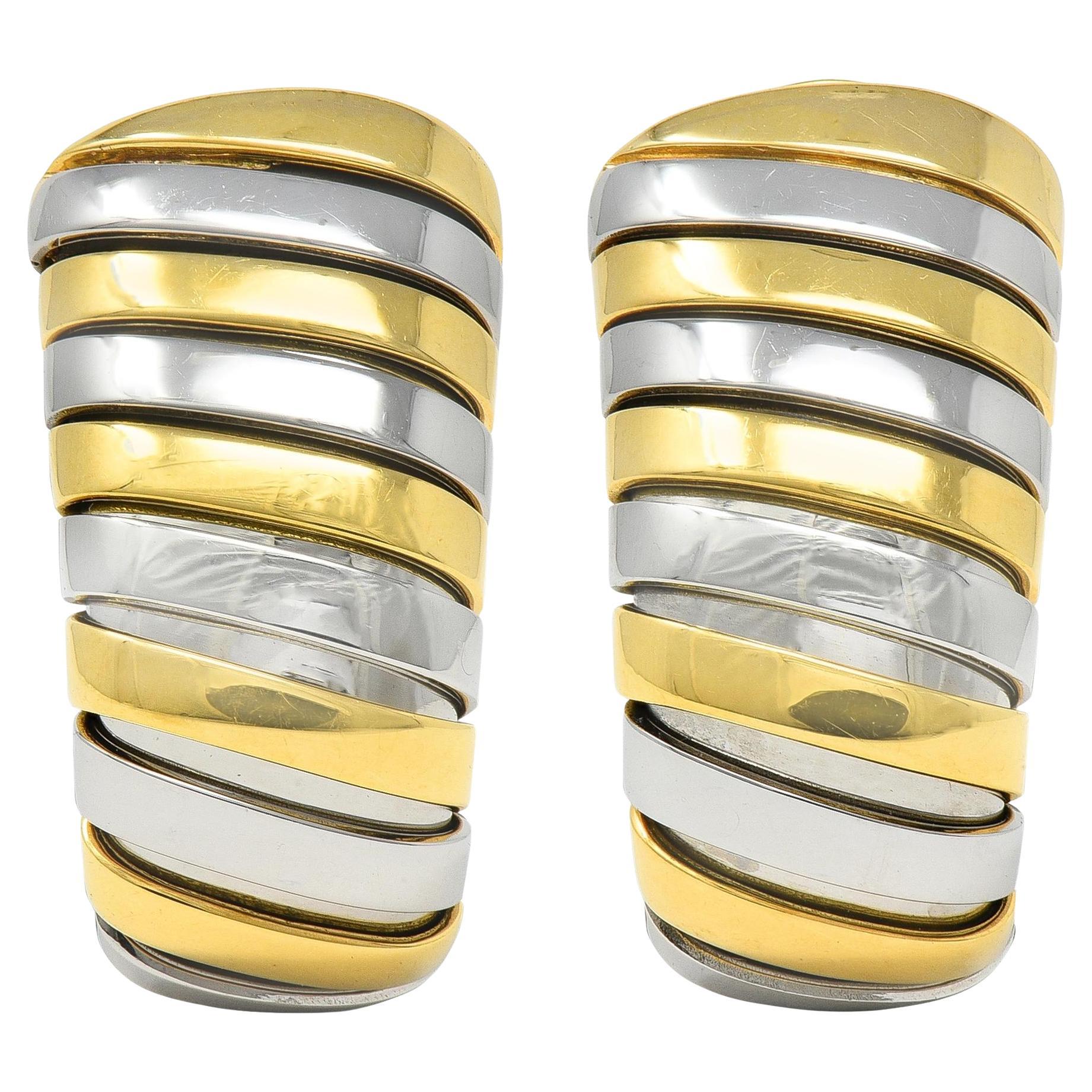Bulgari 1990 Stainless Steel 18K Gold Vintage Serpenti J-Hoop Ear-Clip Earrings For Sale