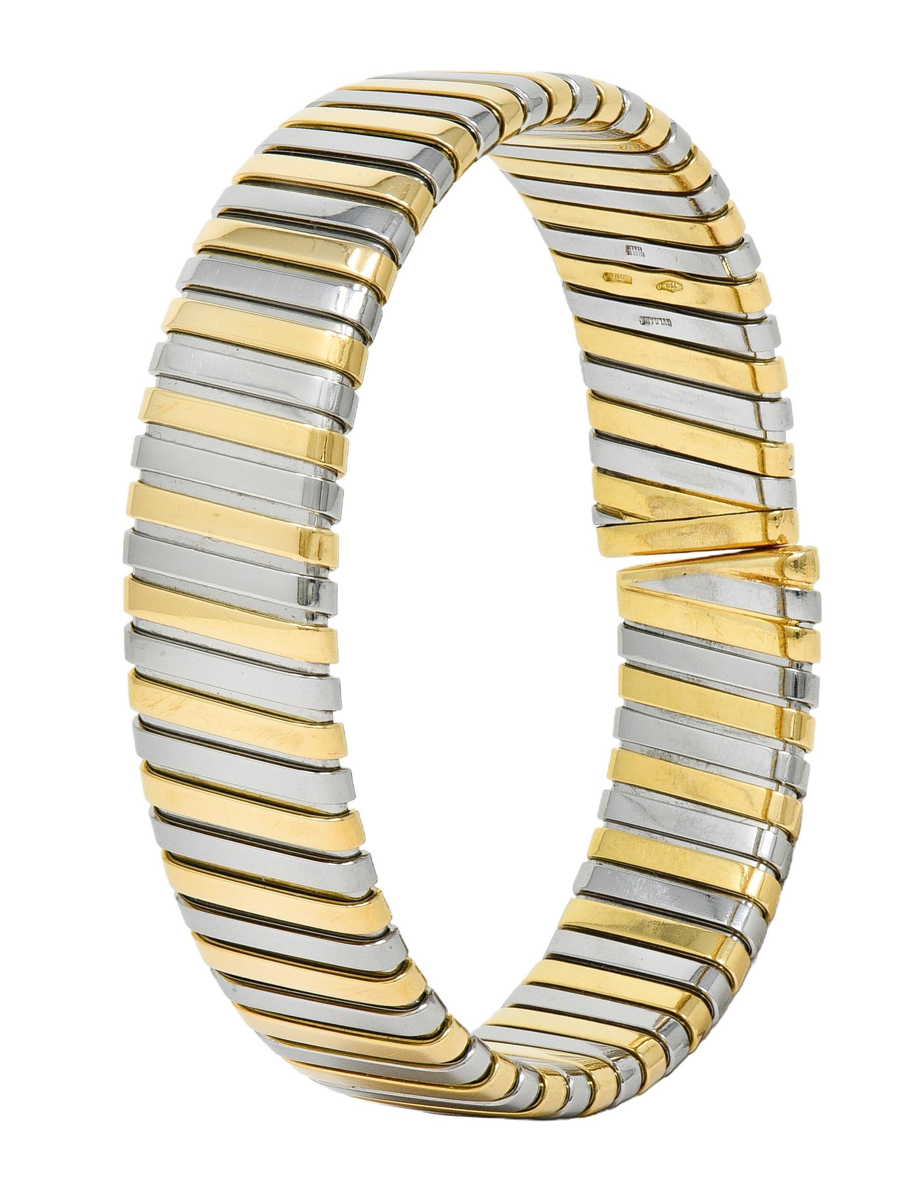 Moderno Bracciale Bulgari anni '90 in oro 18 carati e acciaio inossidabile Tubogas Vintage in vendita