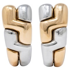 Bulgari 1990's 18 Karat Gold Stainless Steel Vintage J-Hoop Ear-Clip Earrings