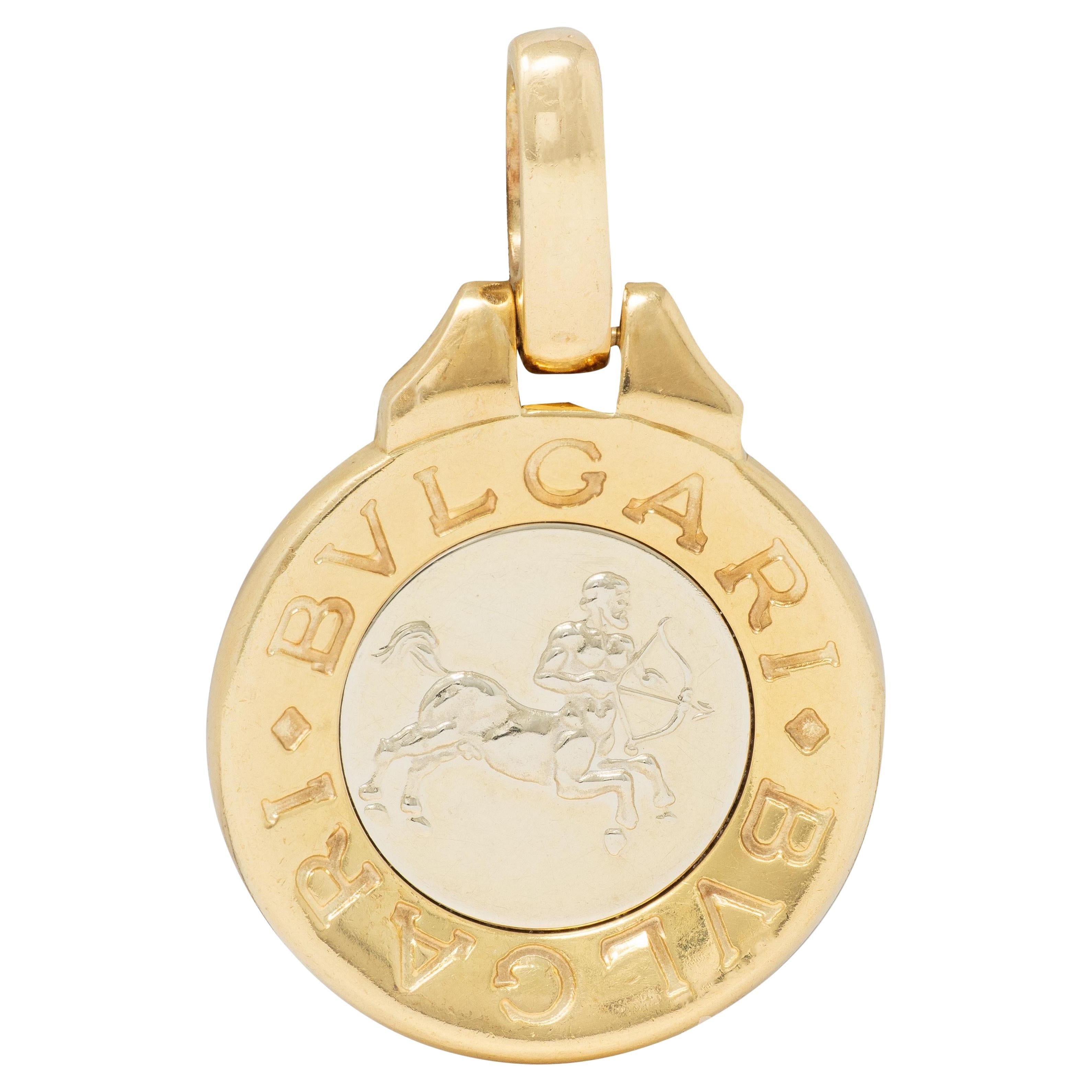 Bulgari 1990
s 18 Karat Two-Tone Gold Vintage Sagittarius Zodiac Pendant For Sale