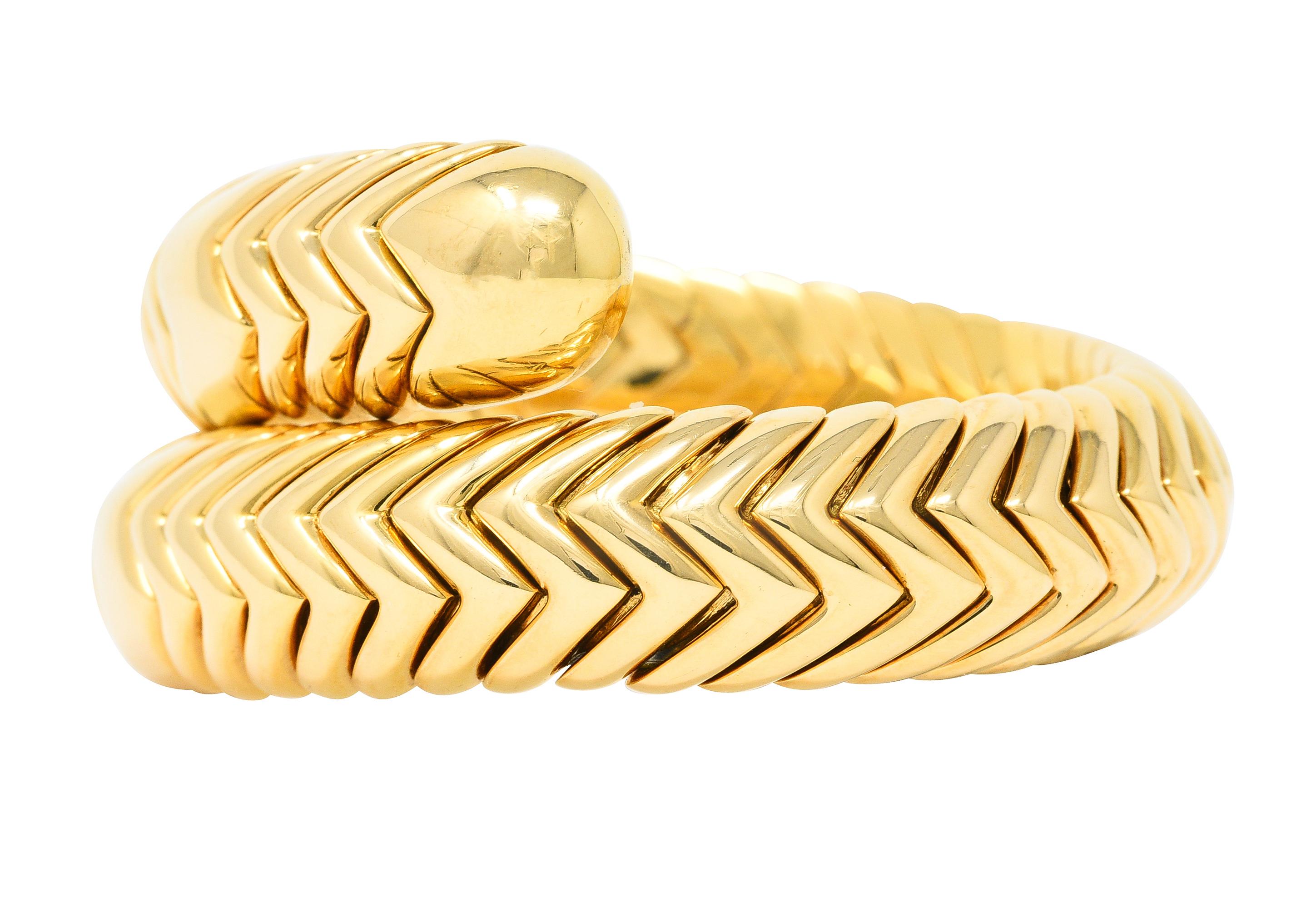 Contemporary Bulgari 1990s 18 Karat Yellow Gold Chevron Spiga Wrap Vintage Bangle Bracelet