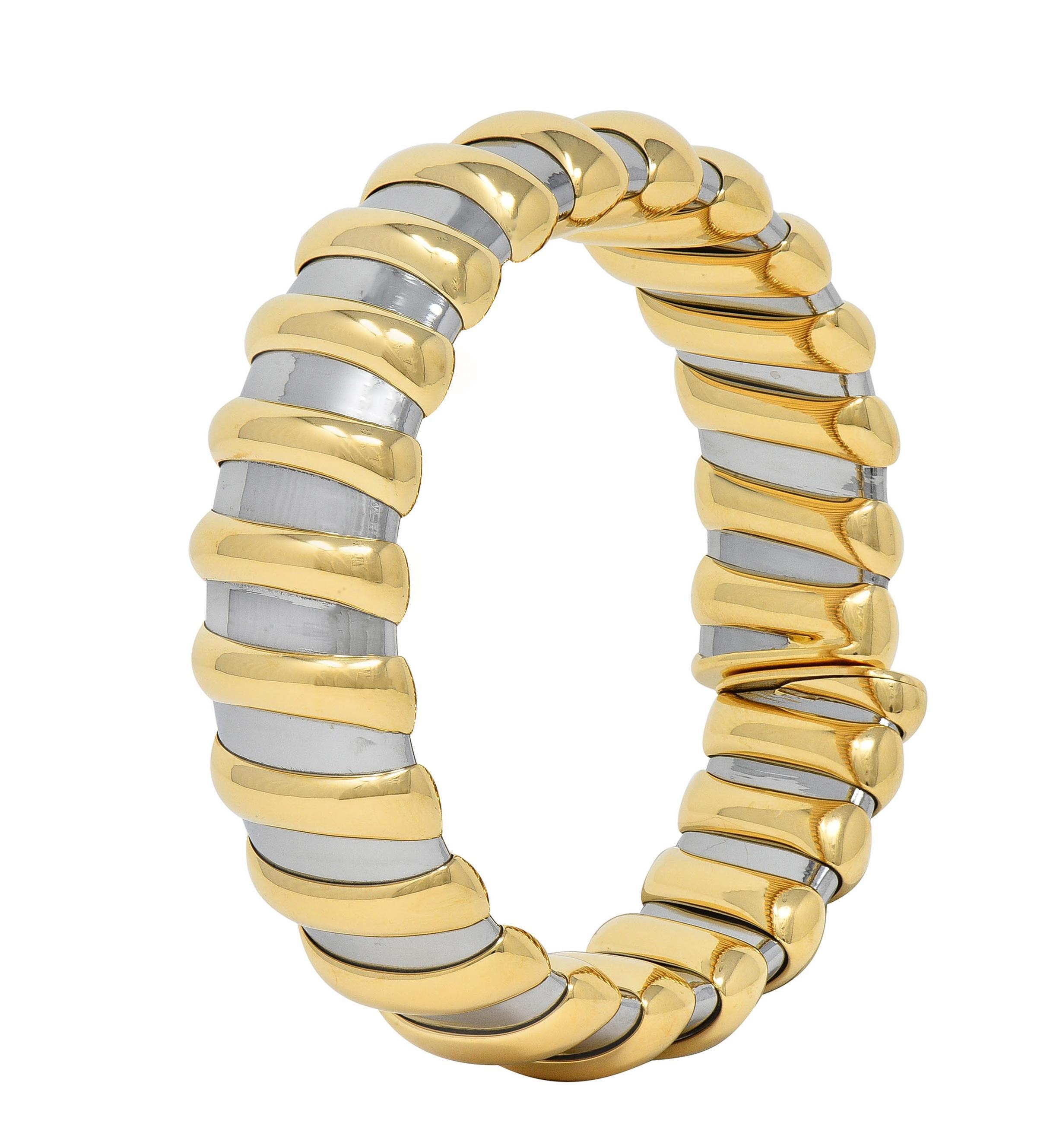 Bulgari, manchette Tubogas vintage en or jaune 18 carats et acier inoxydable, années 1990 Excellent état à Philadelphia, PA