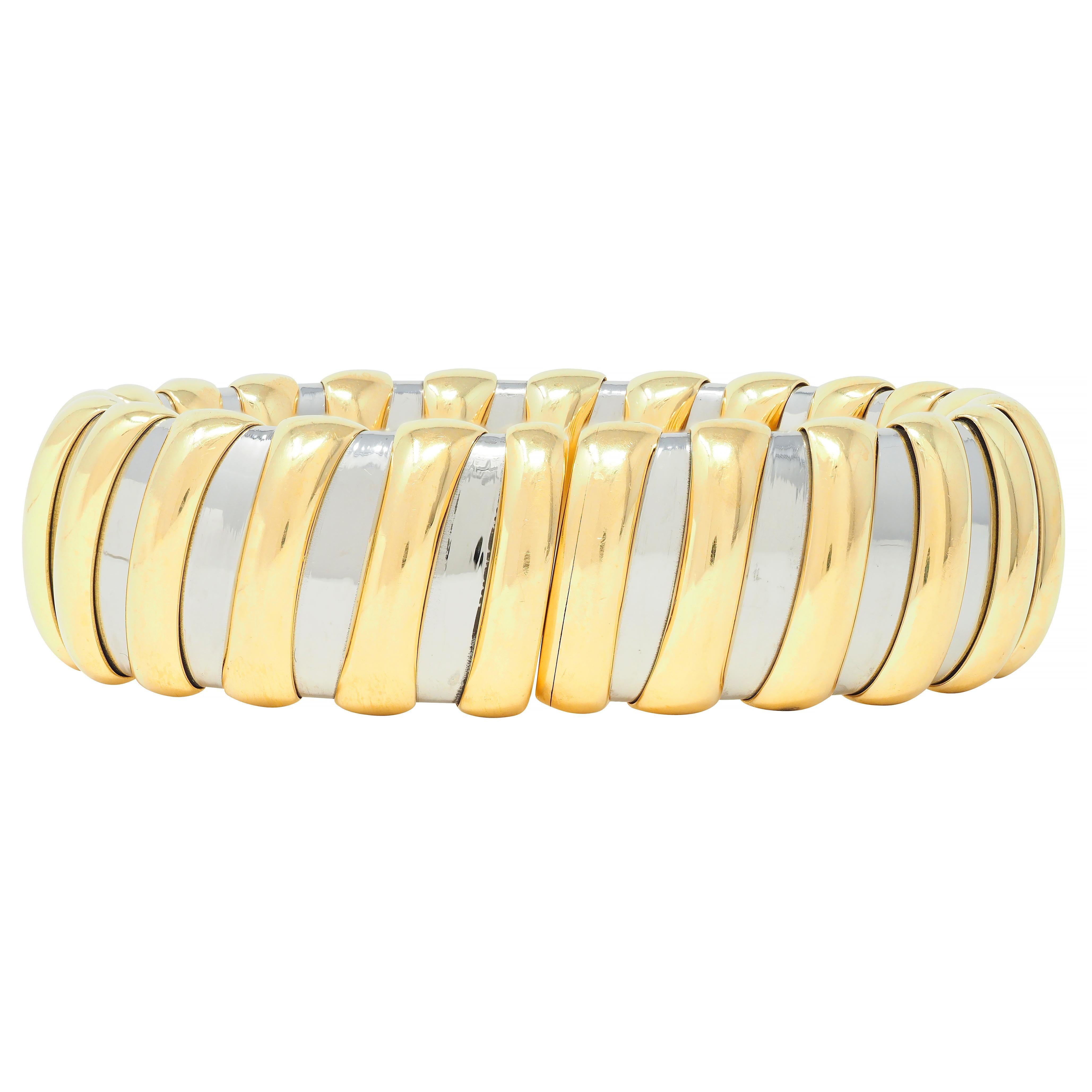Women's or Men's Bulgari 1990s 18 Karat Yellow Gold Stainless Steel Tubogas Vintage Cuff Bracelet For Sale