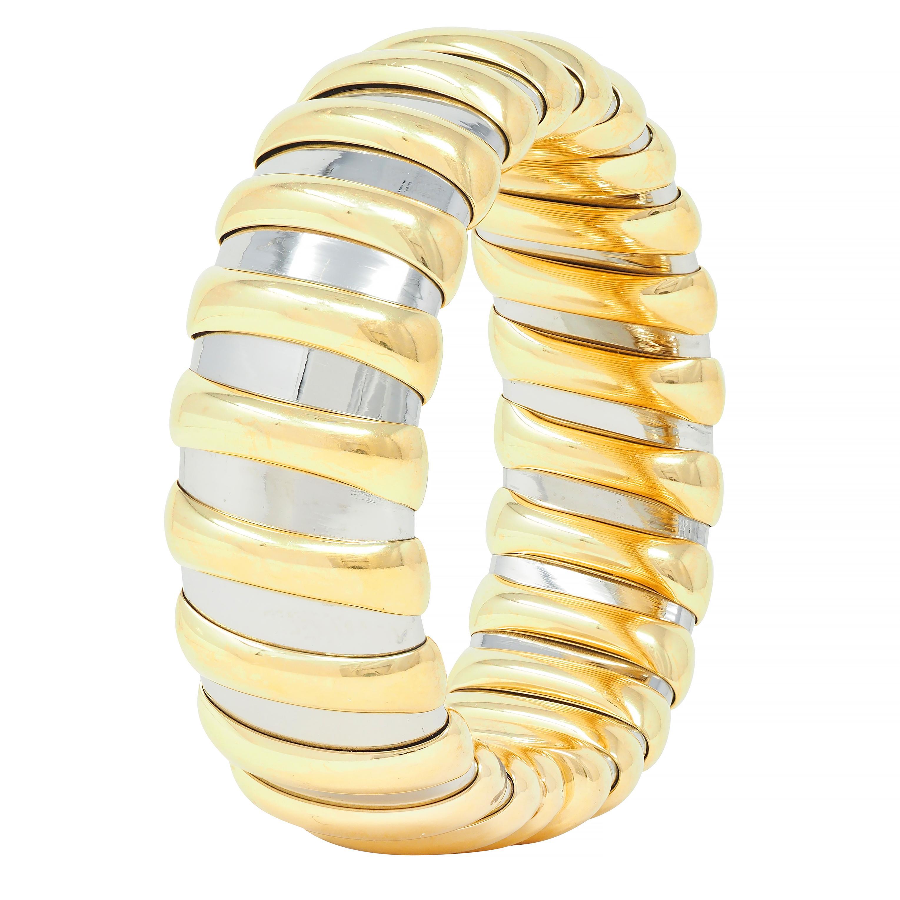 Bulgari 1990s 18 Karat Yellow Gold Stainless Steel Tubogas Vintage Cuff Bracelet For Sale 2