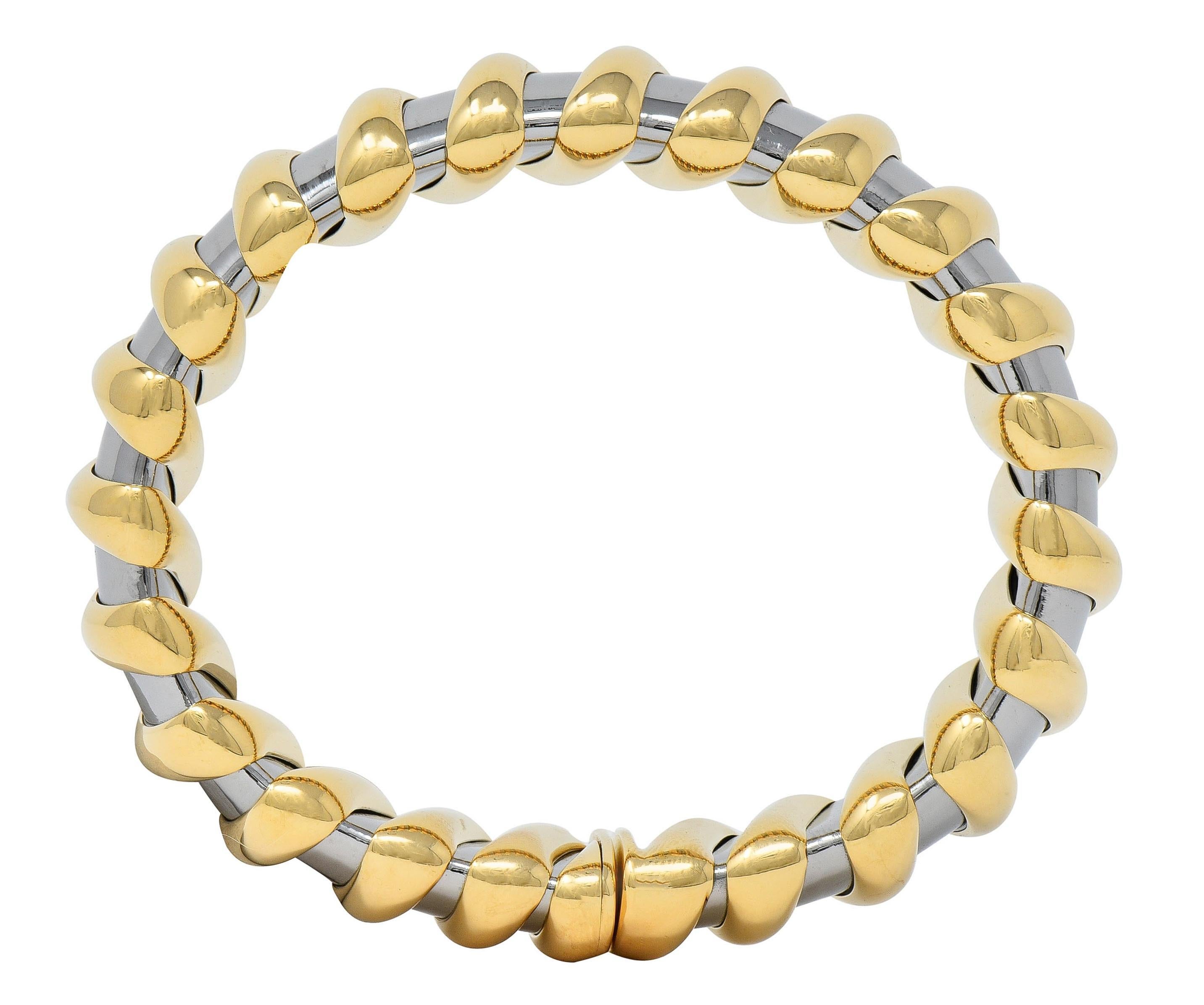 Bulgari, manchette Tubogas vintage en or jaune 18 carats et acier inoxydable, années 1990 2
