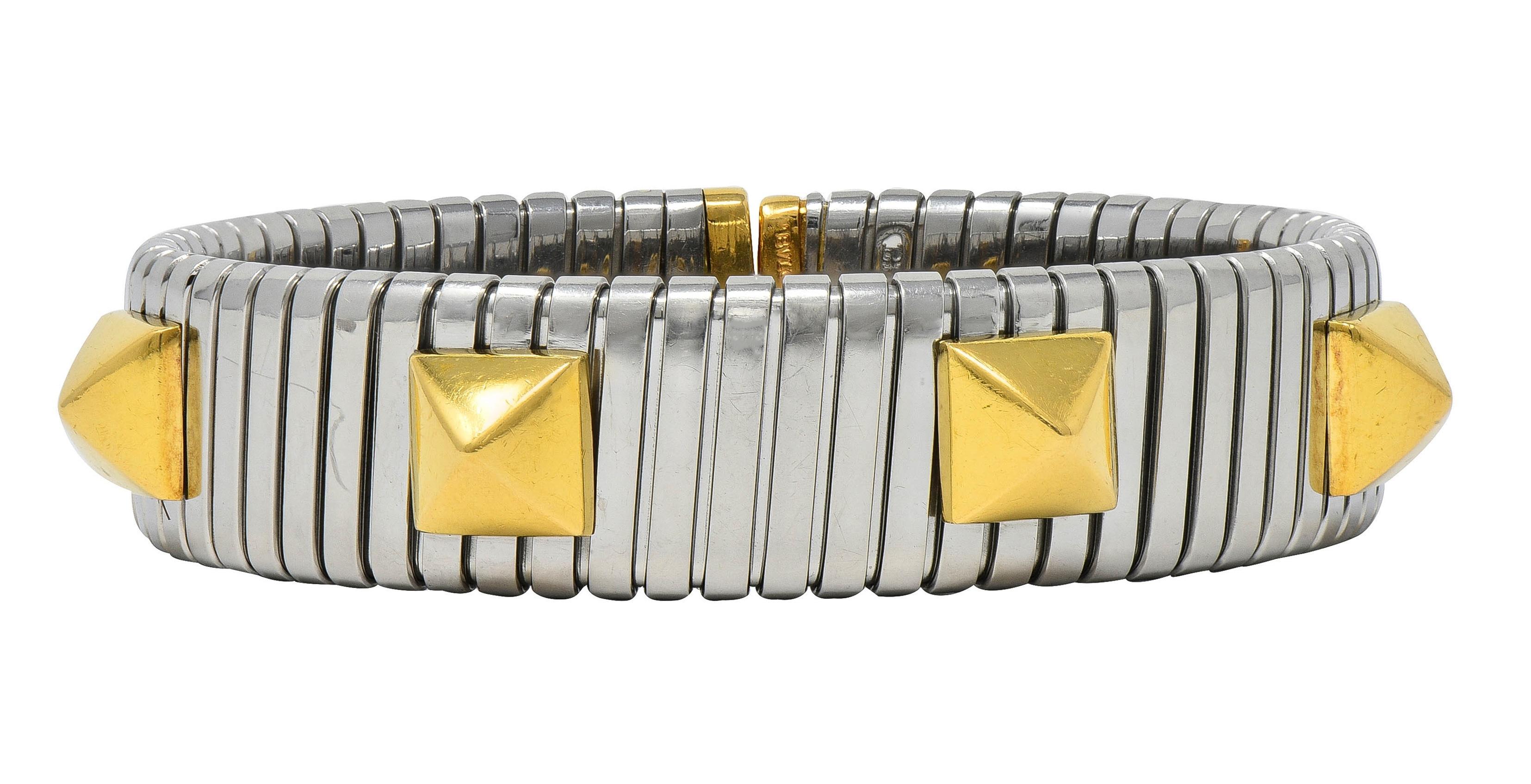 Bulgari 1990's 18 Karat Yellow Gold Steel Stud Tubogas Vintage Cuff Bracelet In Excellent Condition In Philadelphia, PA