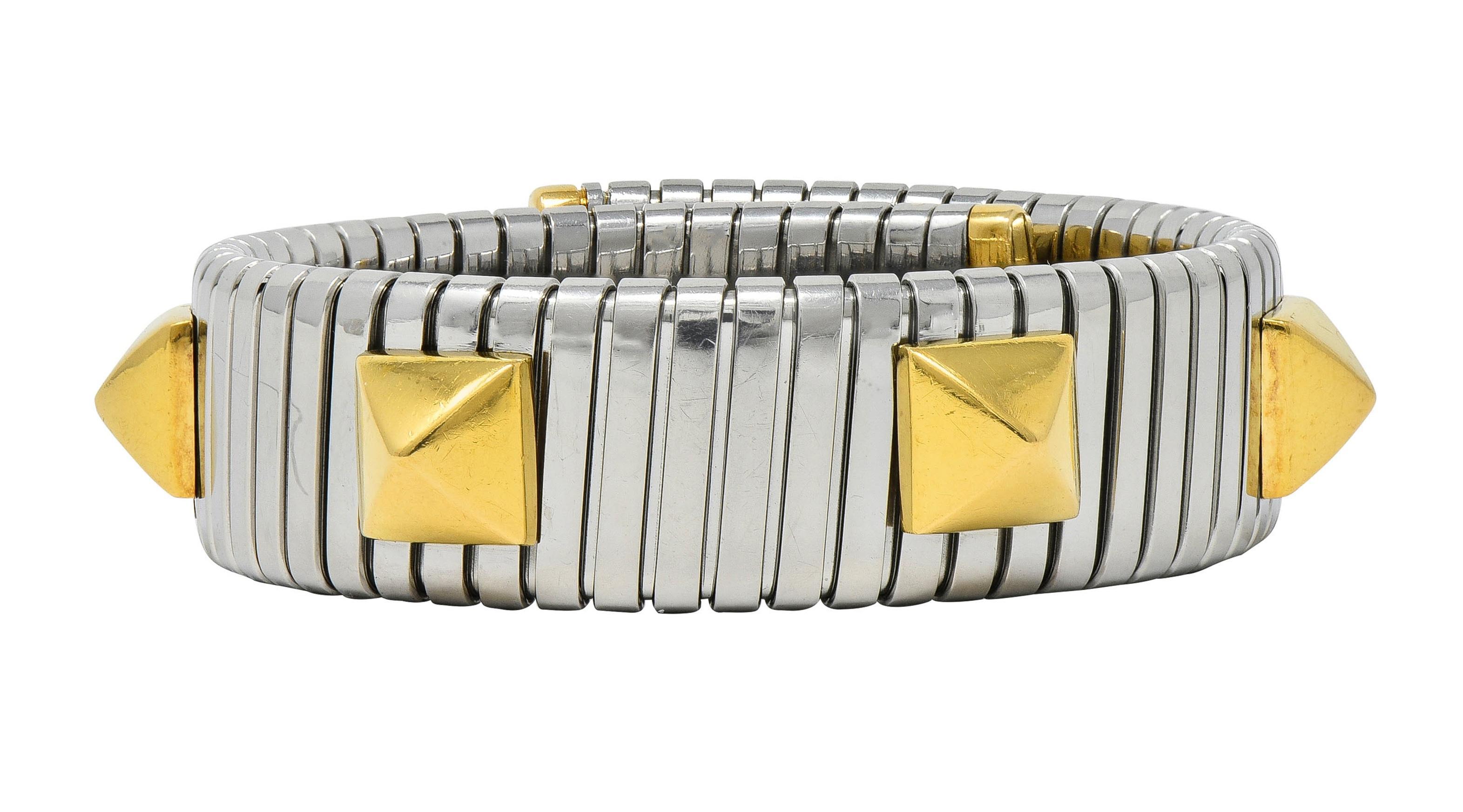 Bulgari 1990's 18 Karat Yellow Gold Steel Stud Tubogas Vintage Cuff Bracelet 2