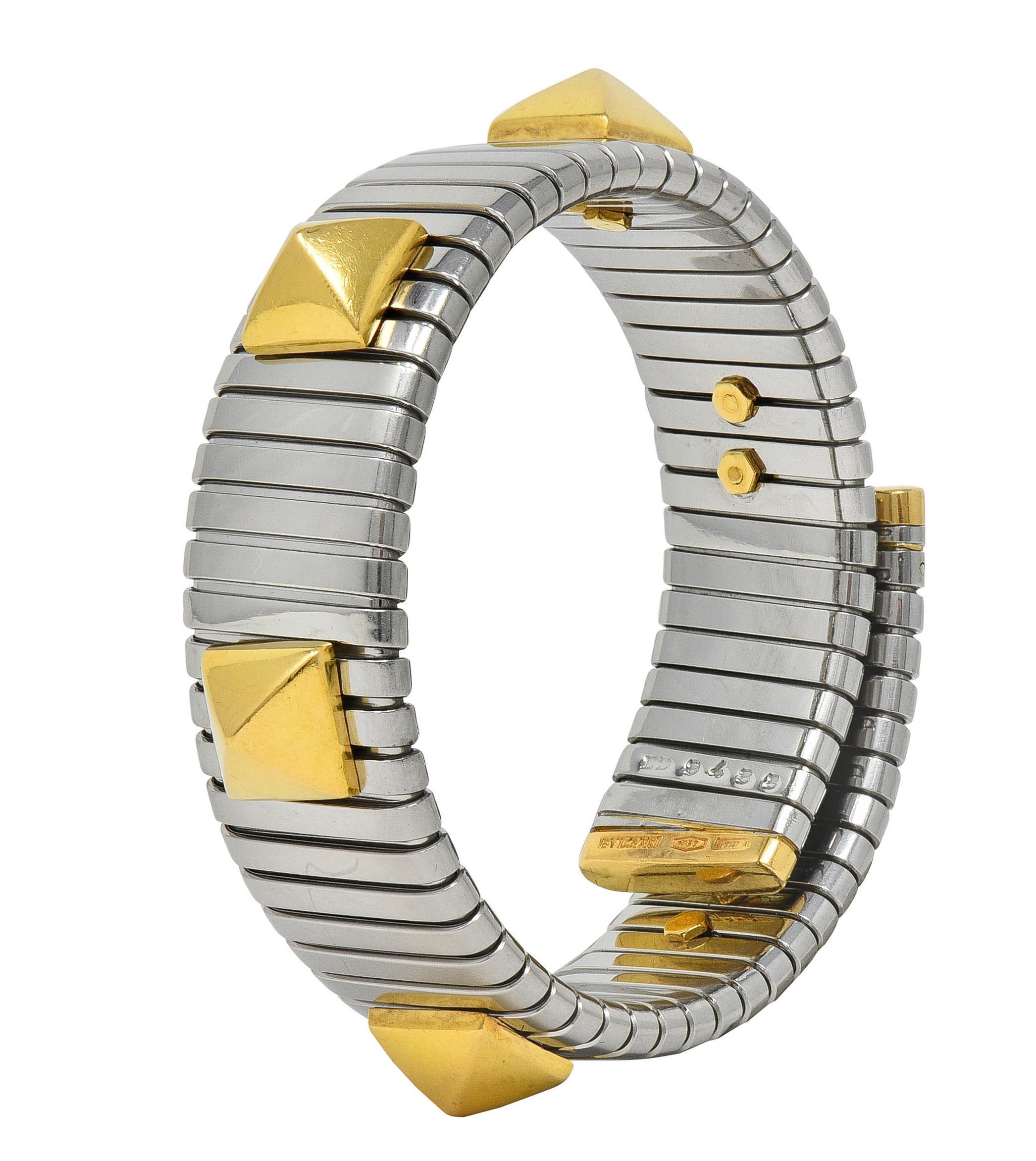Bulgari 1990's 18 Karat Yellow Gold Steel Stud Tubogas Vintage Cuff Bracelet 5