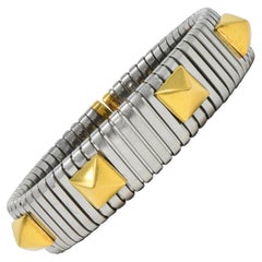 Bracciale Bulgari anni '90 in oro giallo 18 carati con borchia in acciaio Tubogas Vintage