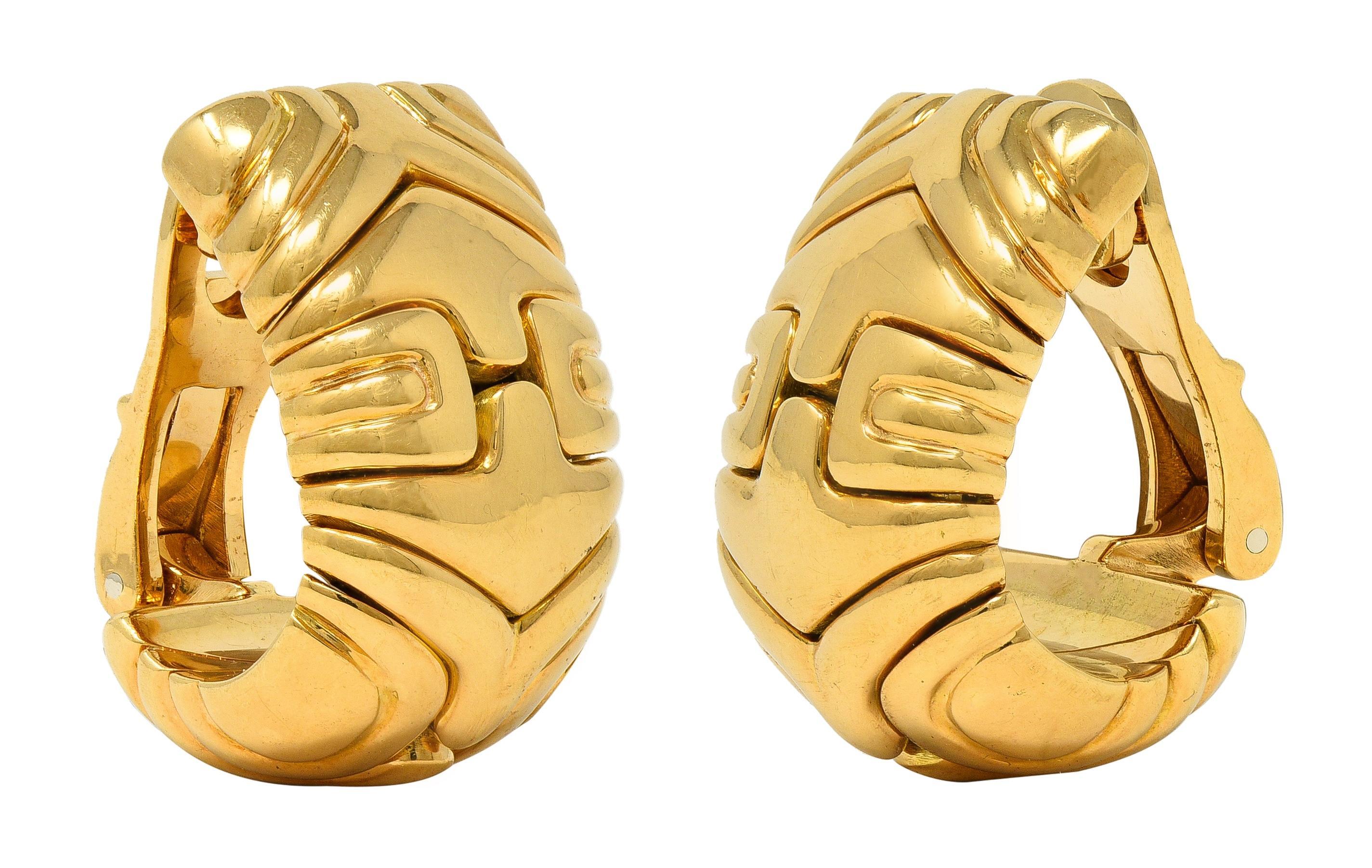 Modern Bulgari 1990's 18 Karat Yellow Gold Vintage Alveare J-Hoop Ear-Clip Earrings For Sale