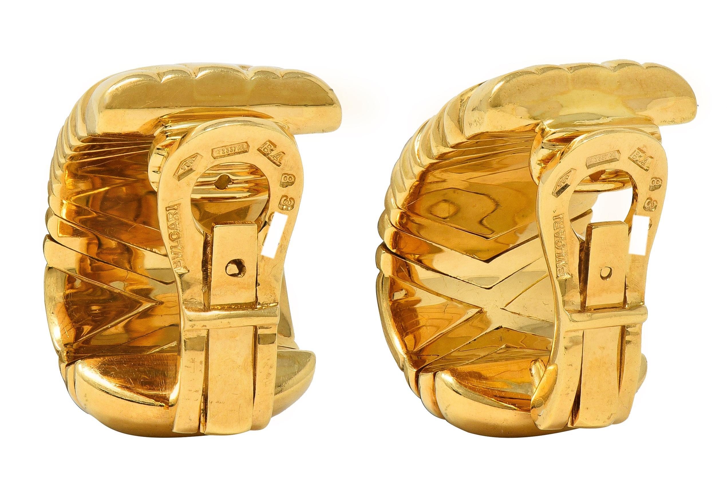 Women's Bulgari 1990's 18 Karat Yellow Gold Vintage Alveare J-Hoop Ear-Clip Earrings For Sale